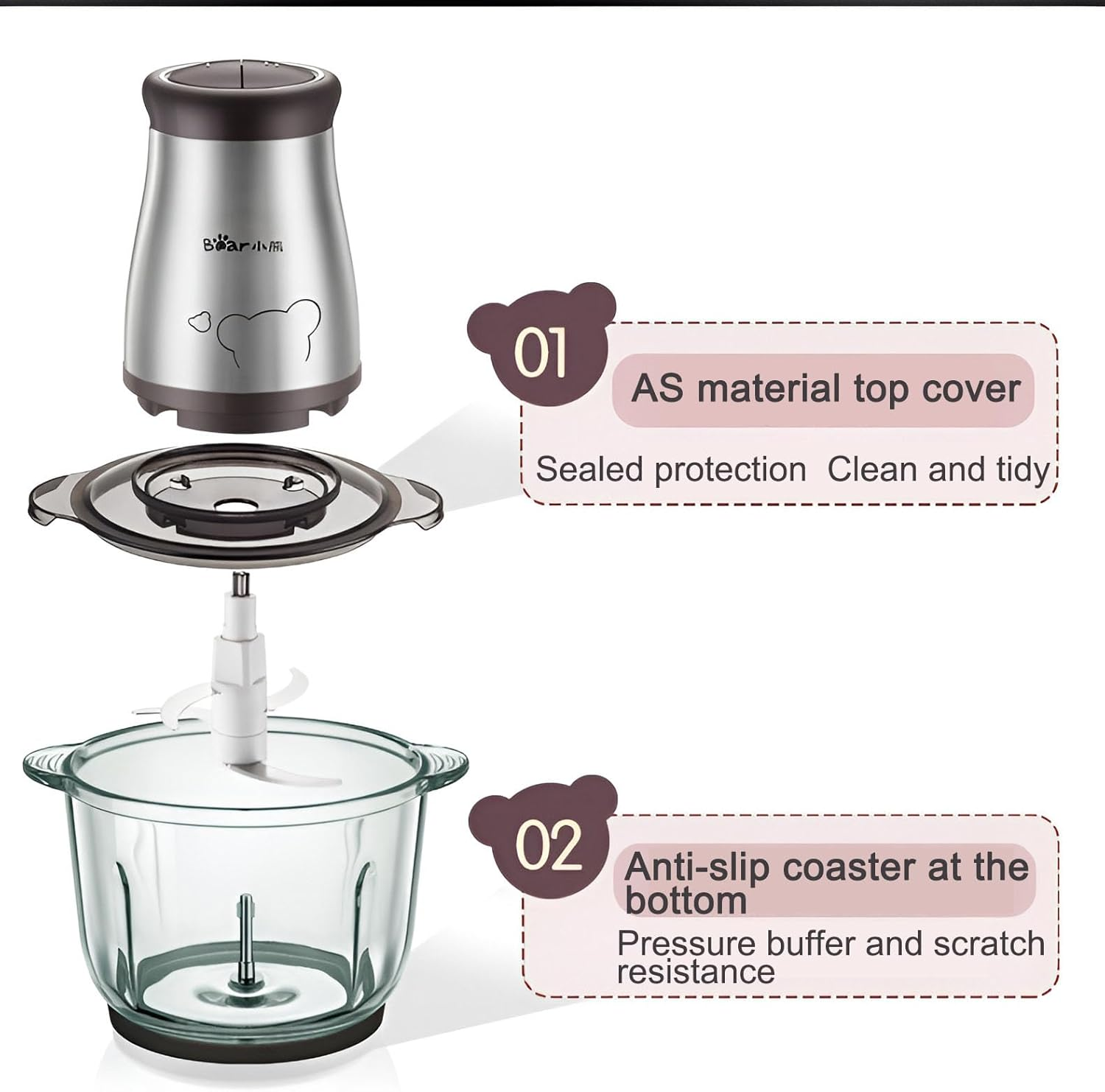 Food Processors, Electric Chopper with Meat Grinder & Veggie Choppe, 2L Glass Bowl & 4 Sharp Blades 2 Speed for Meat Grinder Vegetable Kitchen Cutter image number 2