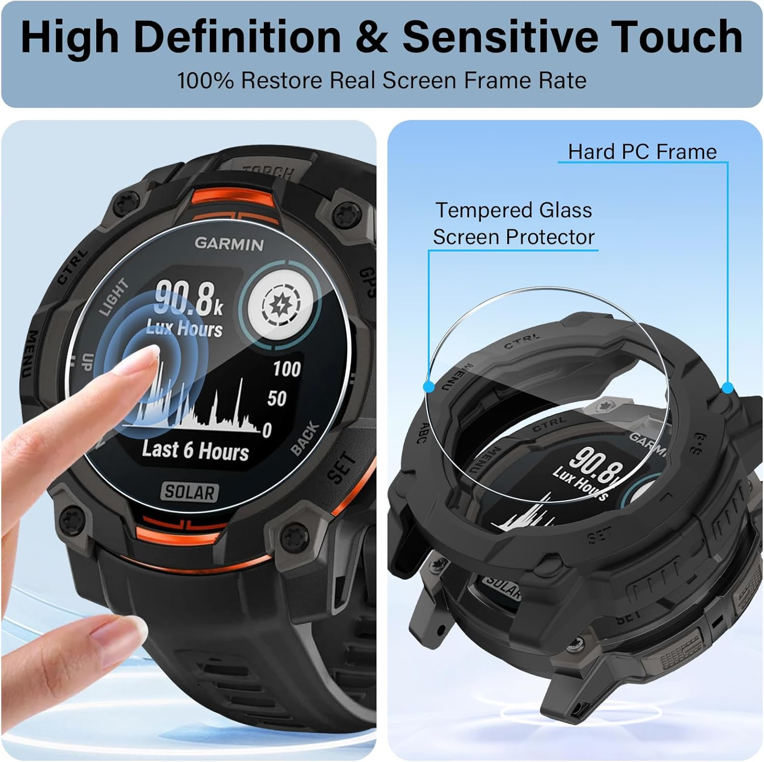 Funrae Silicone Case with Screen Protector Compatible with Instinct 3 45 Mm Amoled/Solar, 9H Hardness Screen Protector for Tempered Glass X 3 + Full Protection PC Scratch-Resistant Protective Case X 1 image number 2