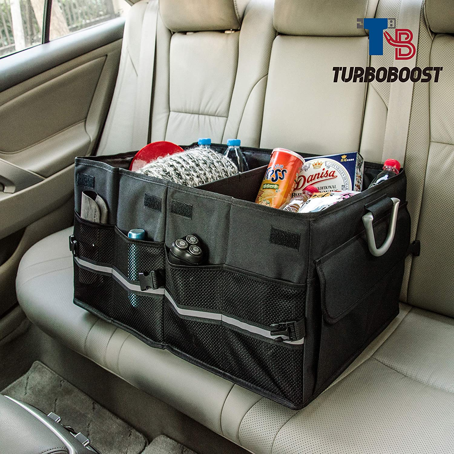 Turboboost Car Organizer - Accessories, Storage Bag, Tissue Box, Trunk Organiser, Durable SUV Cargo Organiser, Adjustable Tidy Organization (Black) image number 1