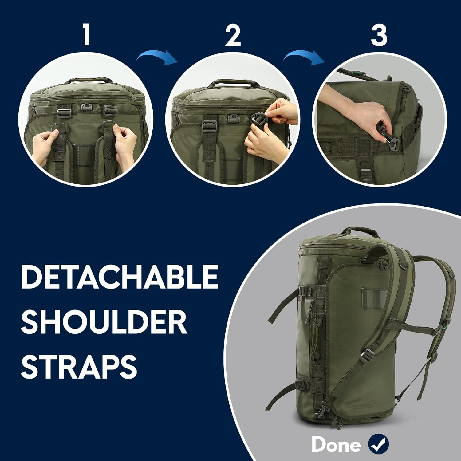 Haimont Large Duffle Bag Backpack for Men Women, 60L Convertible Travel Duffel Bags with Shoes Compartment, Carry on Durable Duffle for Sports Gym Hiking Camping, Army Green image number 2