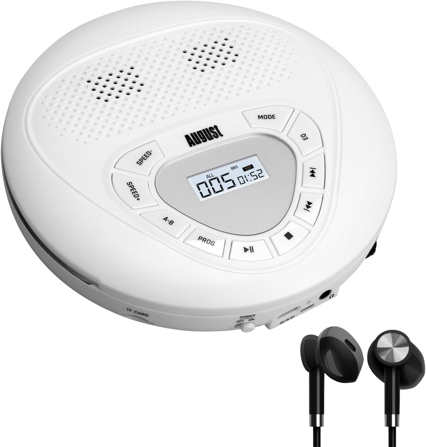 August SE10W Rechargeable Portable CD Player with Earphones USB-C Personal CD Walkman with anti Skip Protection, Repeat, EQ, PROG, MP3 Micro SD Card Mode - Small Size for Car, Home, Travel - White image number 2