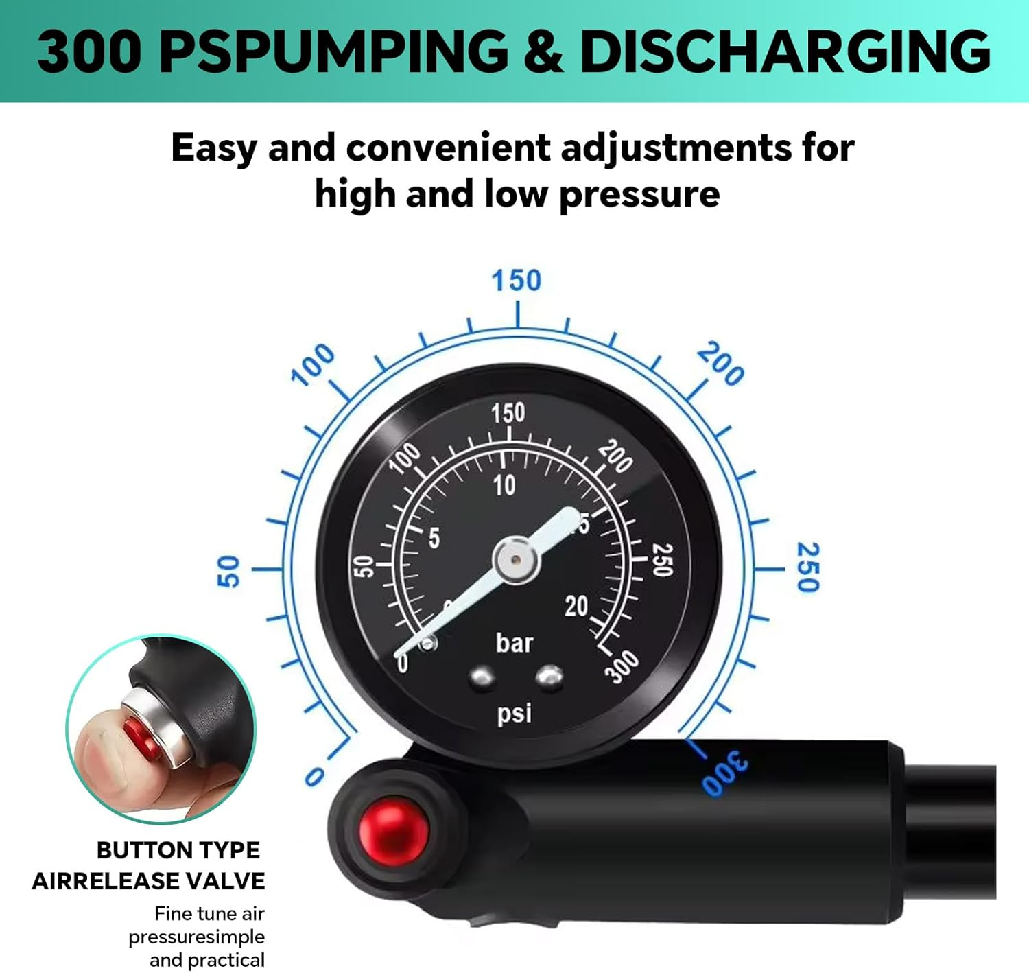 High Pressure Shock Pump - 300 PSI Portable Bike Suspension Pump with Accurate Gauge, No-Loss Schrader Valve, Air Bleed Button Aluminum Fork Rear Shock Air Pump for Mountain, Road Bikes Motorcycles image number 1