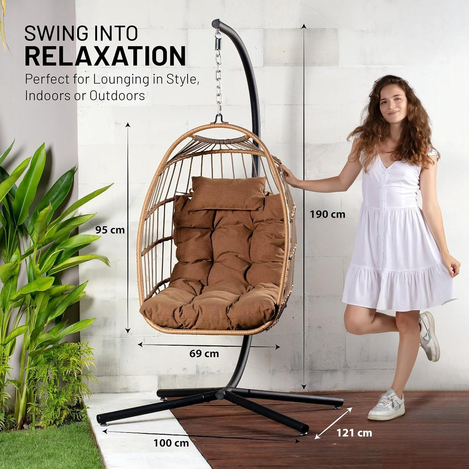 Serenelife Hanging Egg Chair with Stand &ndash; Indoor/Outdoor Swing for Living Room, Patio & Garden &ndash; Rattan Wicker Seat with Cushion &ndash; Brown image number 1