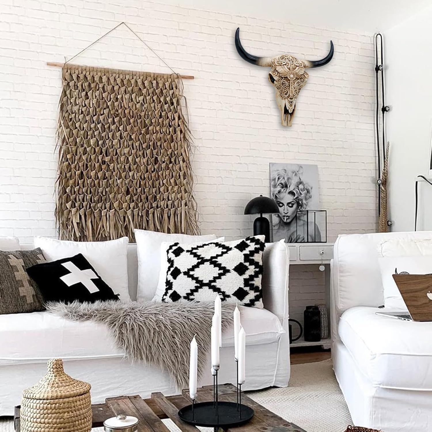 Western Cow Skull Wall-Decor - 12.2&rdquo;Long Realistic Animal Head Wall Hanging Art Boho Cross Steer Bison Buffalo Bull Cow Horned Skull Home Wall Decor