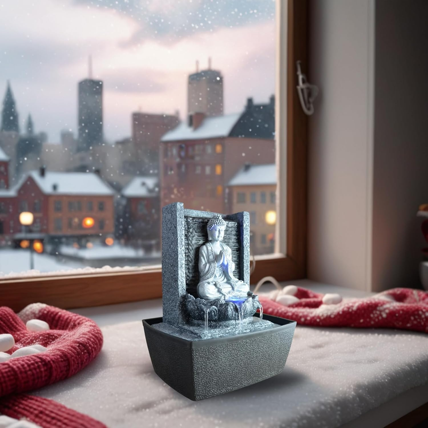 Zen'Light Nirvana Indoor Fountain, Waterfall with Buddha and White LED Lighting, Modern Zen Decoration, Ideal for Meditation and Relaxation, Feng Shui, Height 26 Cm