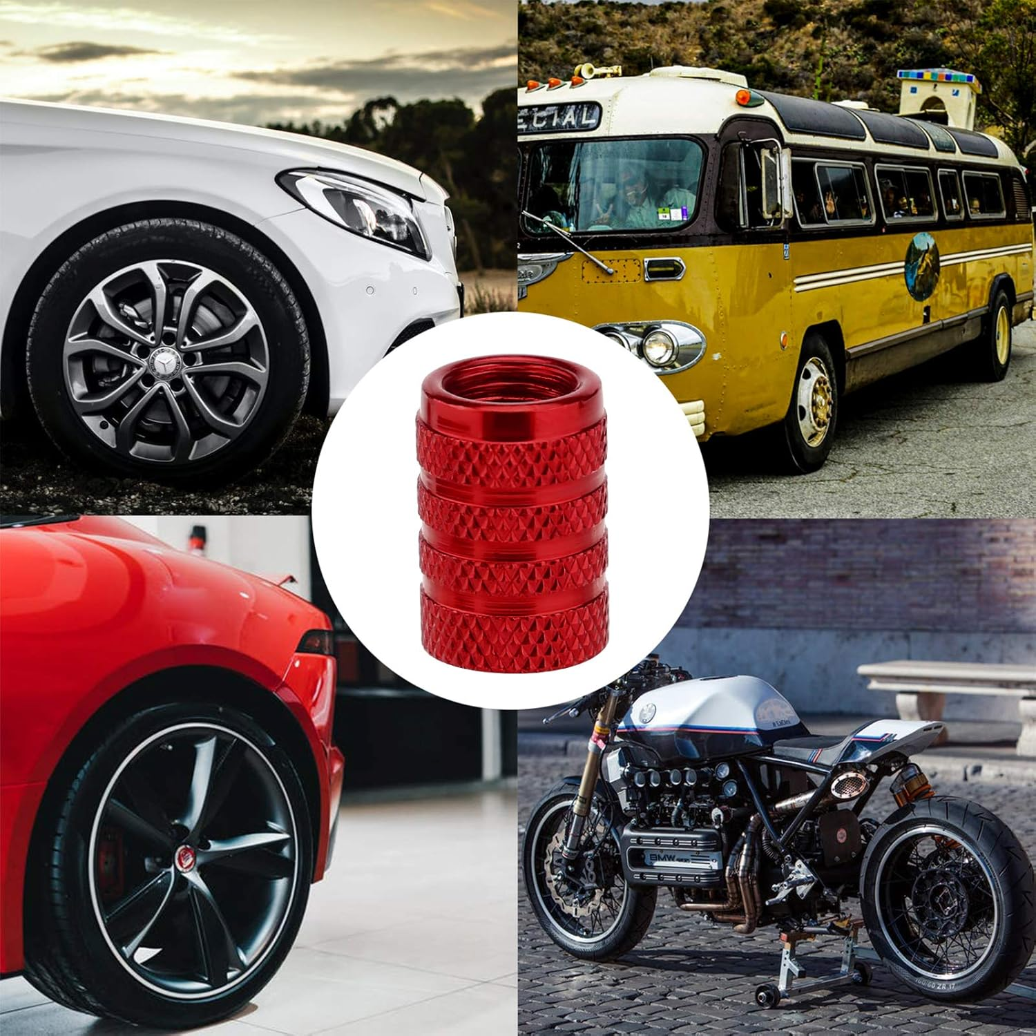 SAVITA 8Pcs Tire Valve Stem Caps, Universal Aluminum Tire Valve Cap with Rubber Ring, Dust Proof Valve Cover for Cars, Suvs, Bike and Bicycle, Trucks, Motorcycles (Red) - Grey image number 3