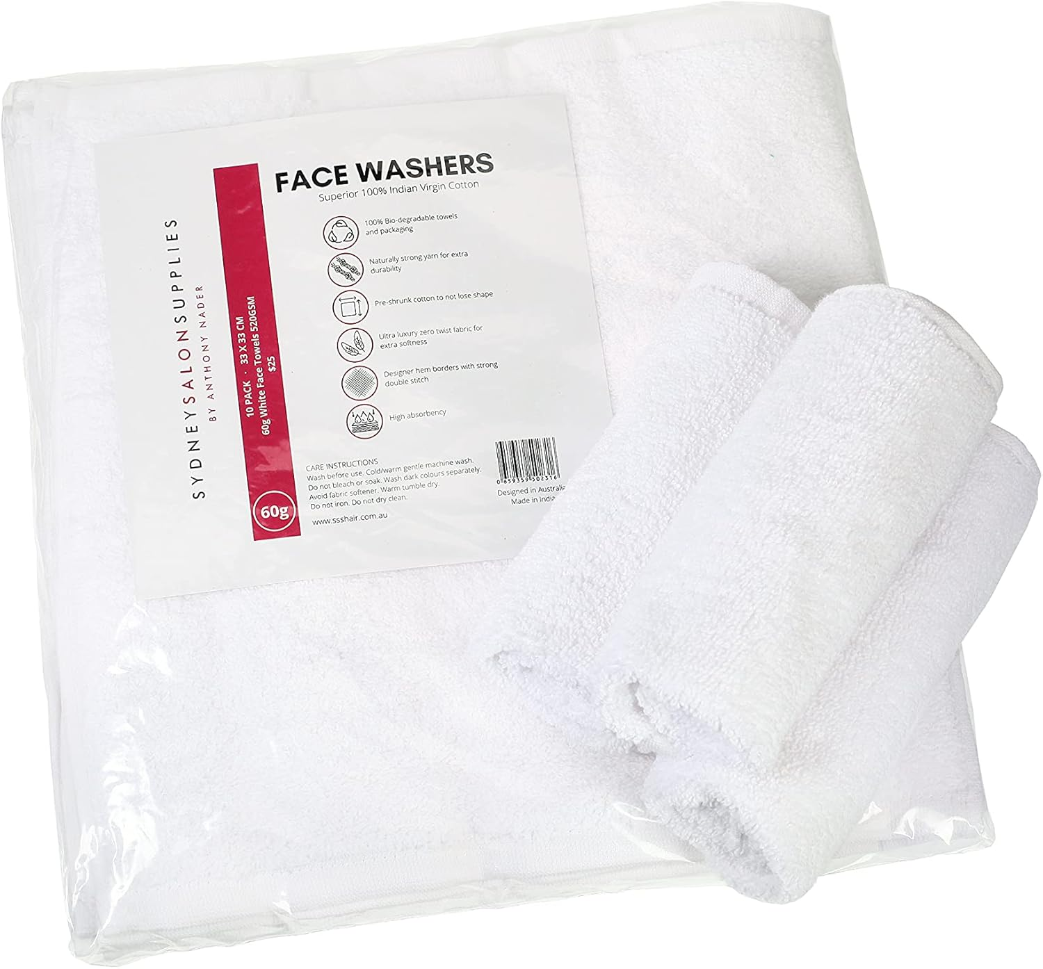 SSS 10 White Washcloths 33X33Cm 520Gsm 100% Cotton Face Washer