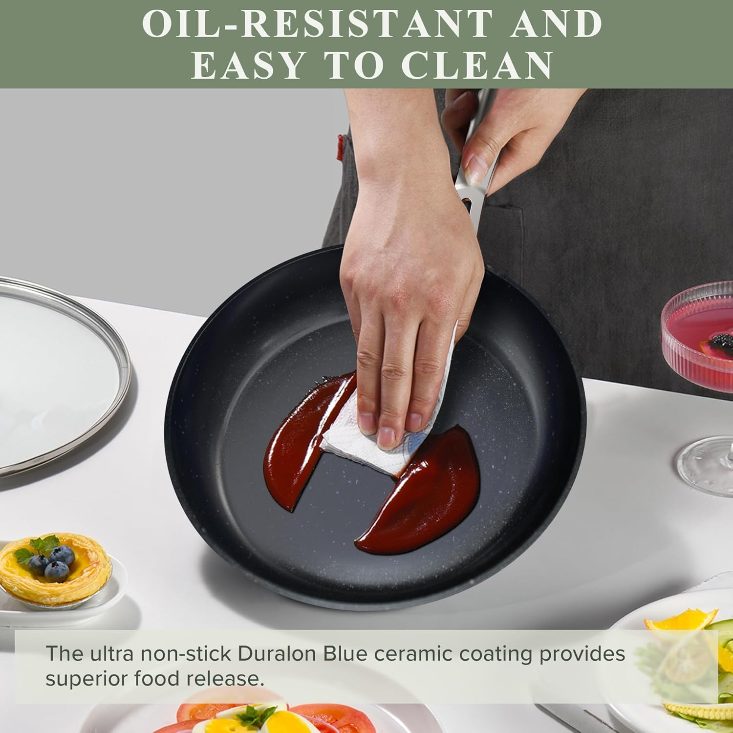 Nuwave Healthy Duralon Blue Ceramic Nonstick Coated Cookware Set, Diamond Infused Scratch-Resistant, PTFE & PFOA Free, Oven Safe, Induction Ready & Evenly Heats, Tempered Glass Lids & Stay-Cool Handle