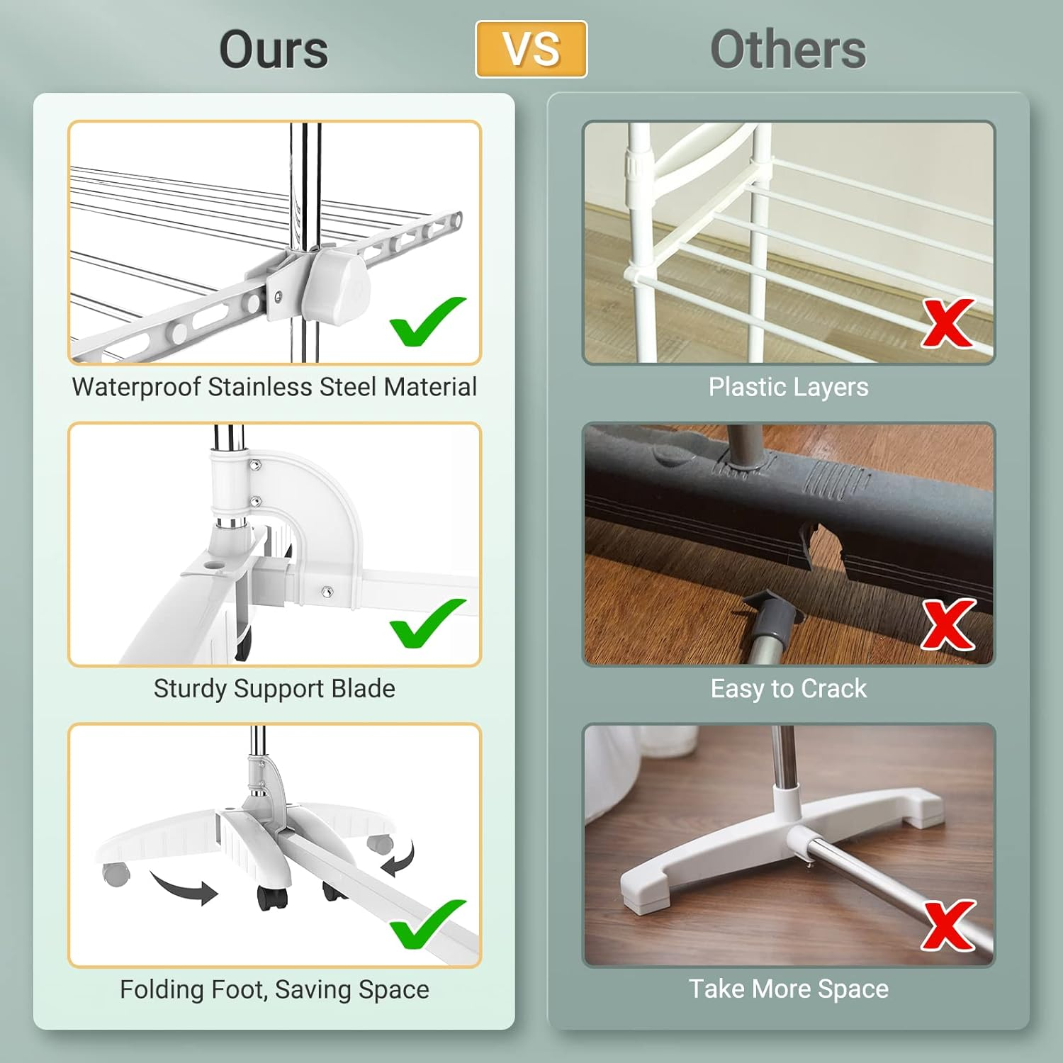 Todeco Clothes Drying Rack,4 Tier Foldable Laundry Drying Rack with Extended Top Bar,High Load Capacity Stainless Steel Space-Saving Clothes Airer with 2 Extra Adjustable Dry Rail Hanger,W/6 Casters image number 1