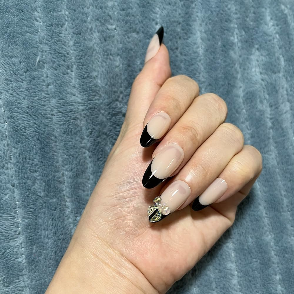 24PCS Short False Nails Almond, French Tip Black Press on Nails Designs, Glossy Removable Glue-On Nails Fake Nails Set with Glue Stickers, Acrylic Full Cover Stick on Nails for Women Girls image number 4