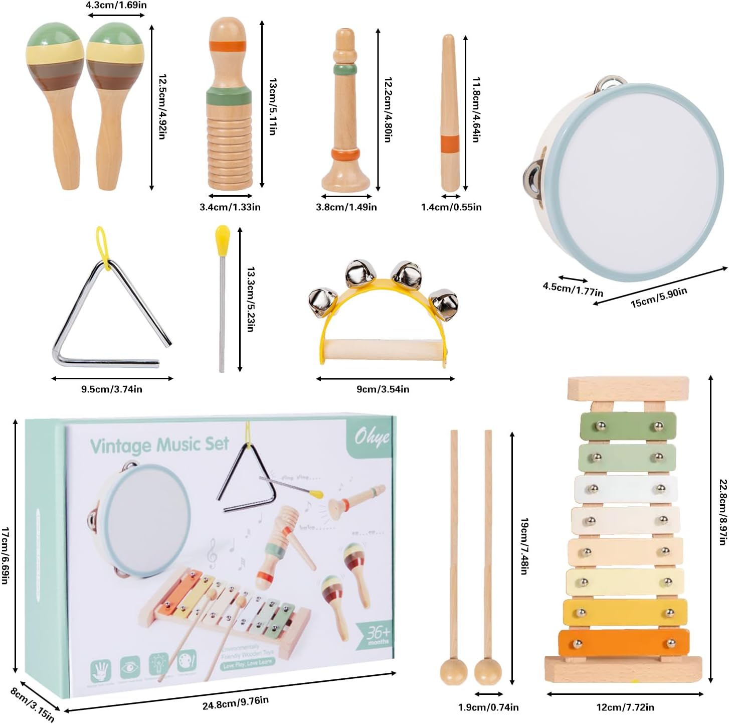 7 in 1 Musical Instruments Set for Toddler, Wooden Montessori Toys Best Birthday Gifts for Boys and Girls, Preschool Educational Musical Toys for 1 2 3 Year Old image number 3