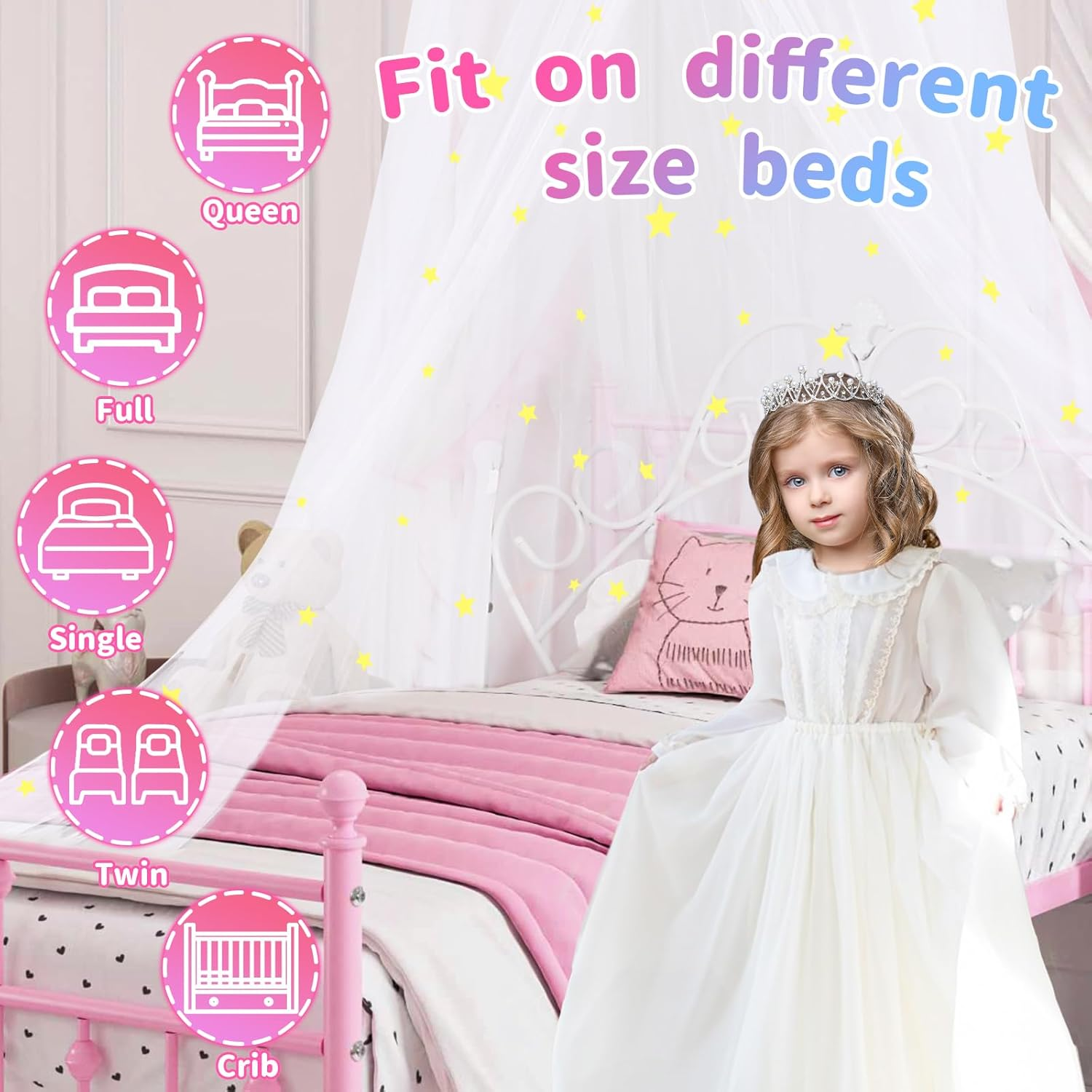 South to East Bed Canopy with Fluorescent Stars Glow in Dark for Baby, Kids, Girls or Adults, Mosquito Net Use to Cover the Baby Crib, Kid Bed, Girls Bed or Full Size Bed, Fire Retardant Fabric image number 2