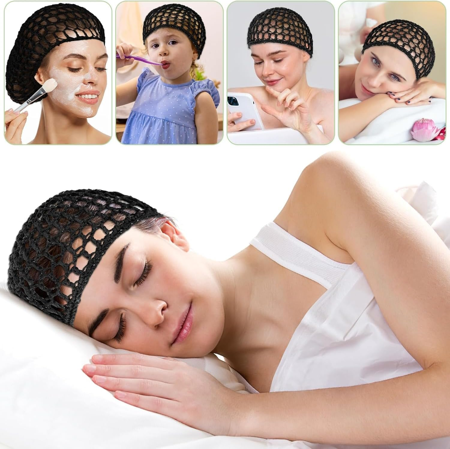 Wig Cap Hair Nets for Sleeping 3-Pack, Soft Crochet Mesh Bonnet & Wig Cap | Reusable Silk Press Wrap for Hair Protection & Styling Maintenance for Women (Black) image number 1