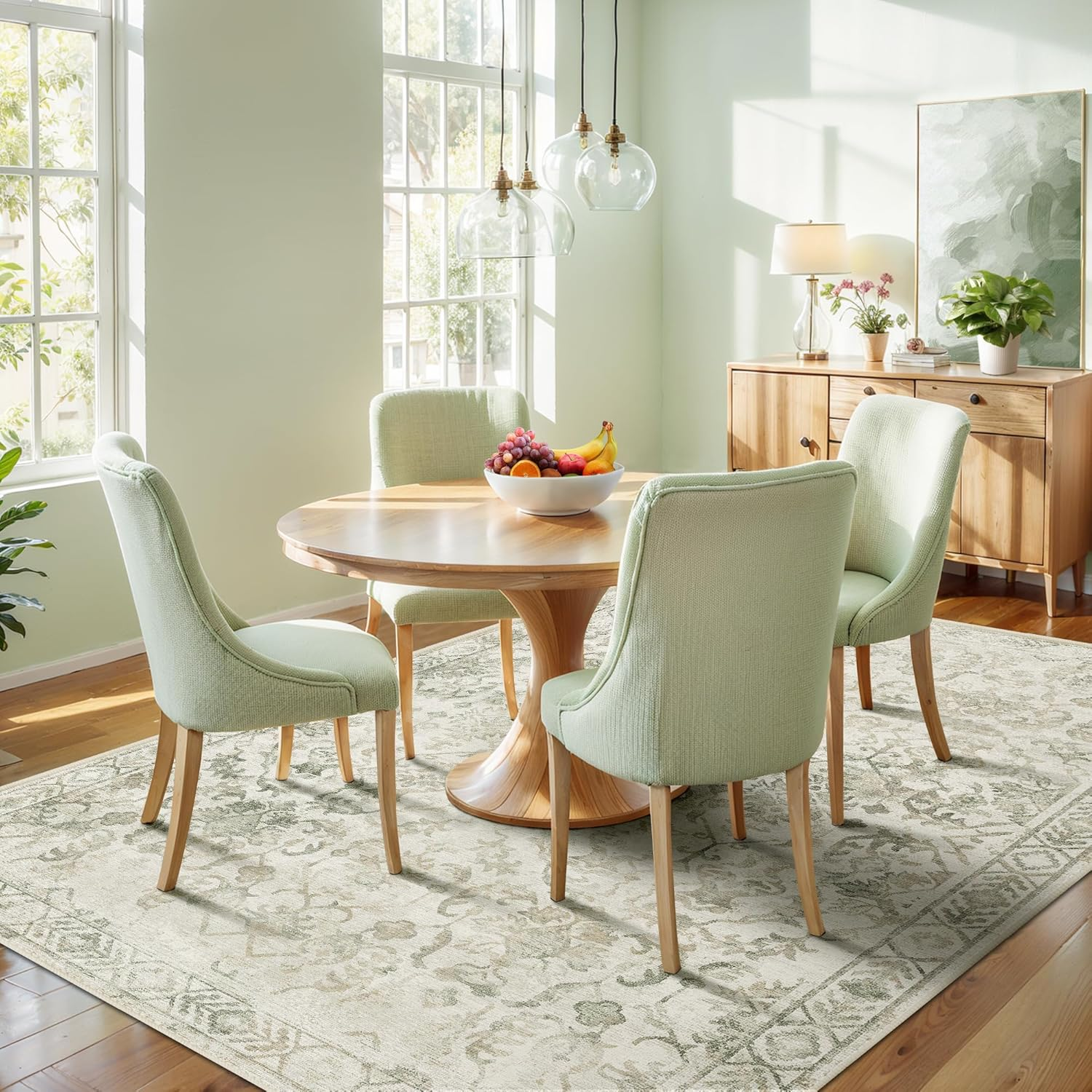 YOUZI Large Vintage Rugs for Living Room, Soft Low Pile Floral Area Rug Washable Non-Slip Boho Oriental Floor Rugs for Bedroom Kitchen Office Dining Room (Lightgreen, 200X300Cm) image number 3