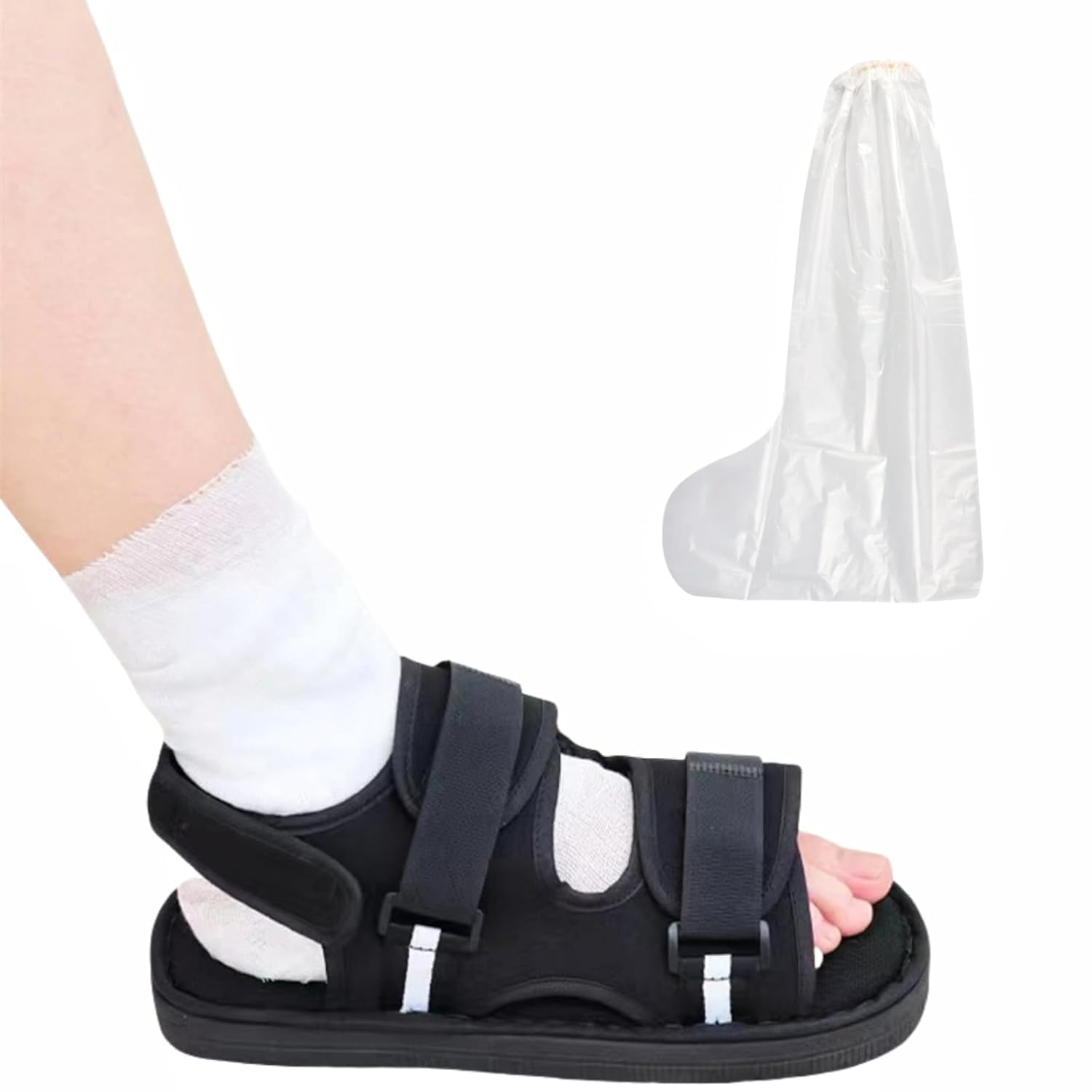 GREUS Post Op Shoe with Waterproof Leg Cast Cover, Adjustable Walking Boot Recovery Plaster Cover Medical for Foot Injuries Sprained Ankle Broken Toe Surgery Kids Women Men Black X-Large image number 3