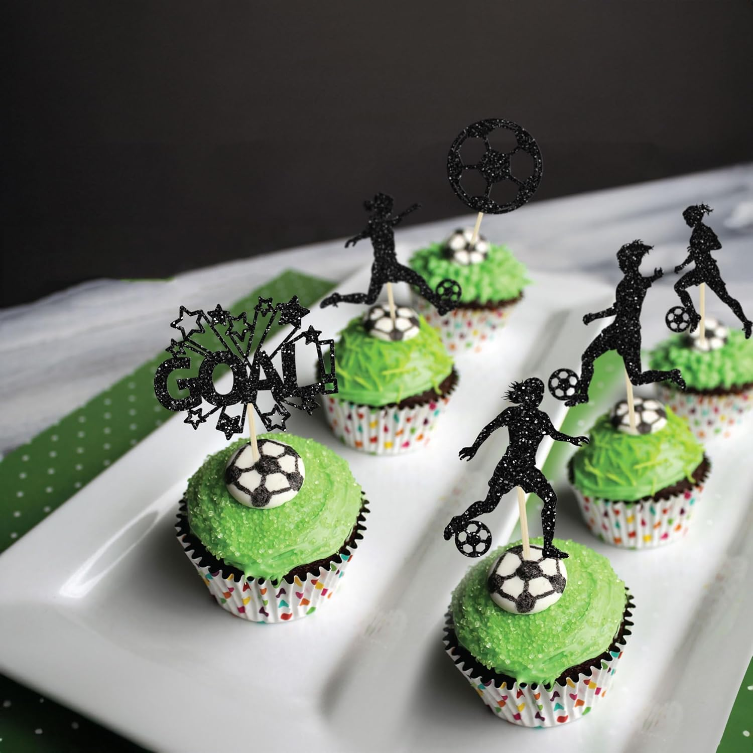 Ephlyn 24Pcs Soccer Cupcake Toppers Glitter Women Girl Football Cake Decorations Sports Theme Cupcake Picks for Soccer Party Decoration Baby Shower Cake Decoration image number 1