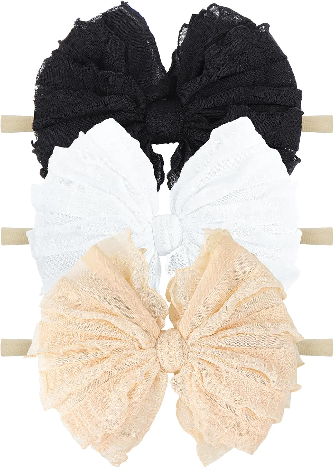 Big Bows Baby Girl Headbands with Bows Handmade Baby Hairbands Stretchy Lace Newborn Toddler Hairbands Bows Black White Beige 3 PCS