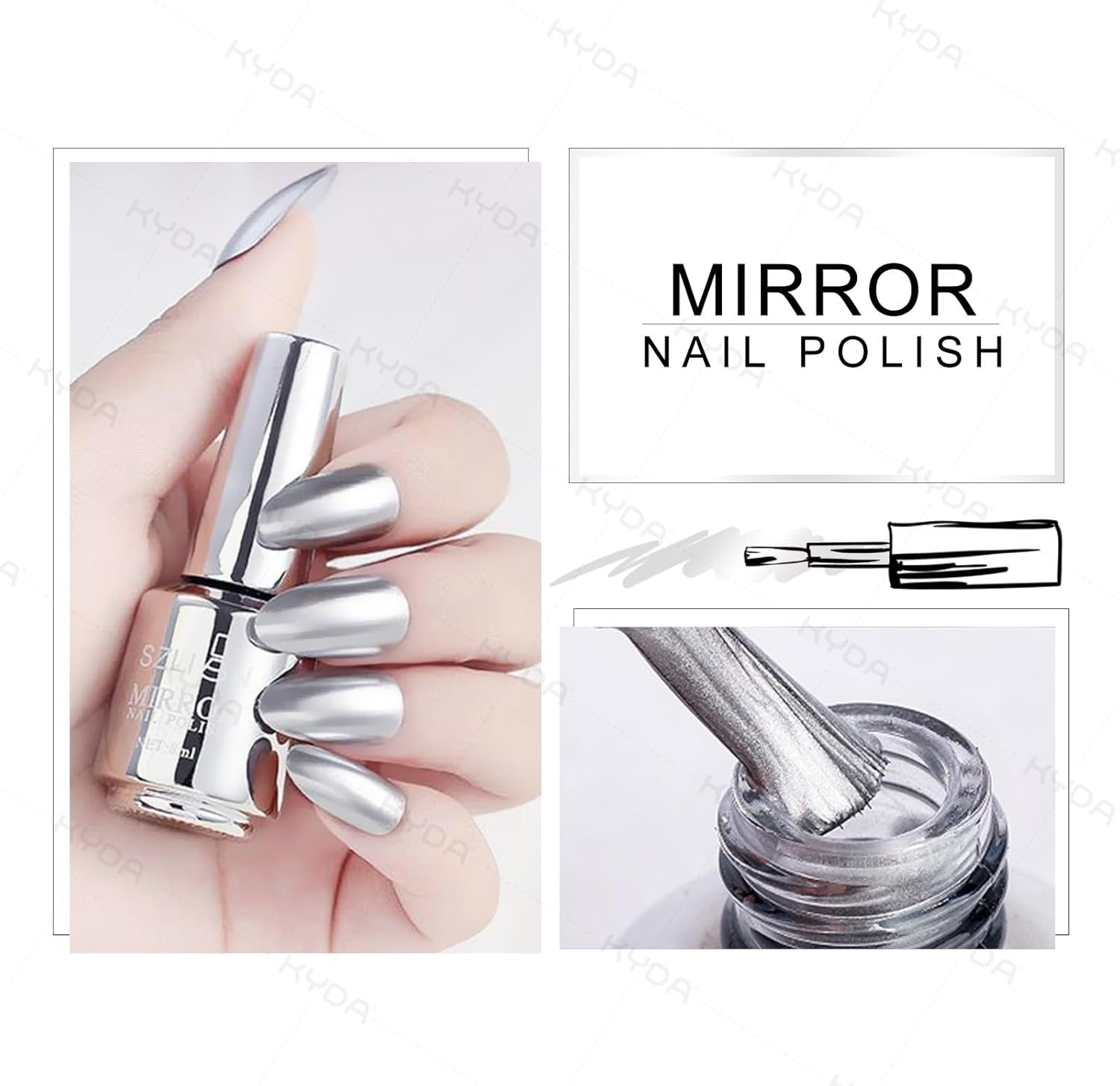 KYDA 18Ml Gold Mirror Nail Polish, Bright Glossy Mirror Polish for Nails Art, Longlasting Shine Metallic Effect Nails Art, Gorgeous Reflective Manicure Nail Lacquers-Silver, 0.61 Fl Oz - A-Gold image number 5