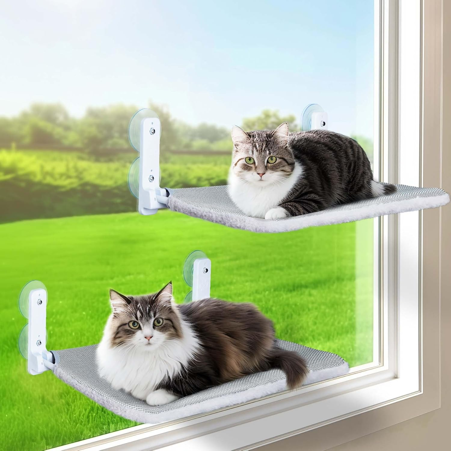 BREENHILL Foldable Cat Window Hammock Bed - XL 2PC Set with Heavy-Duty Suction Cups, Reversible Washable Cover & Metal Frame(Grey) image number 6