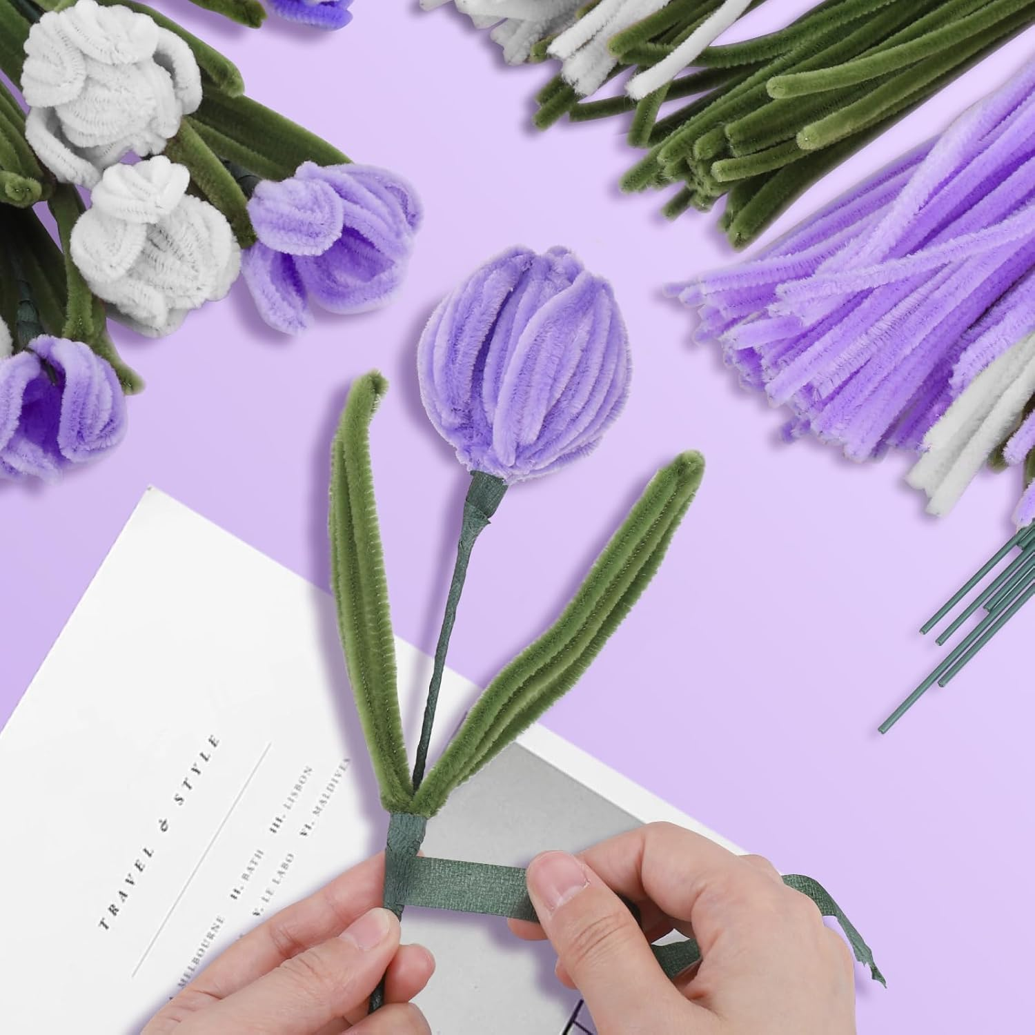 400 Pcs Pipe Cleaners Craft,4 Assorted Colors Pipe Cleaners Bulk, Chenille Stems for DIY Flower Making Kit with Floral Wires, Gardening Tape,Stamen& Ribbon(Purple) image number 6