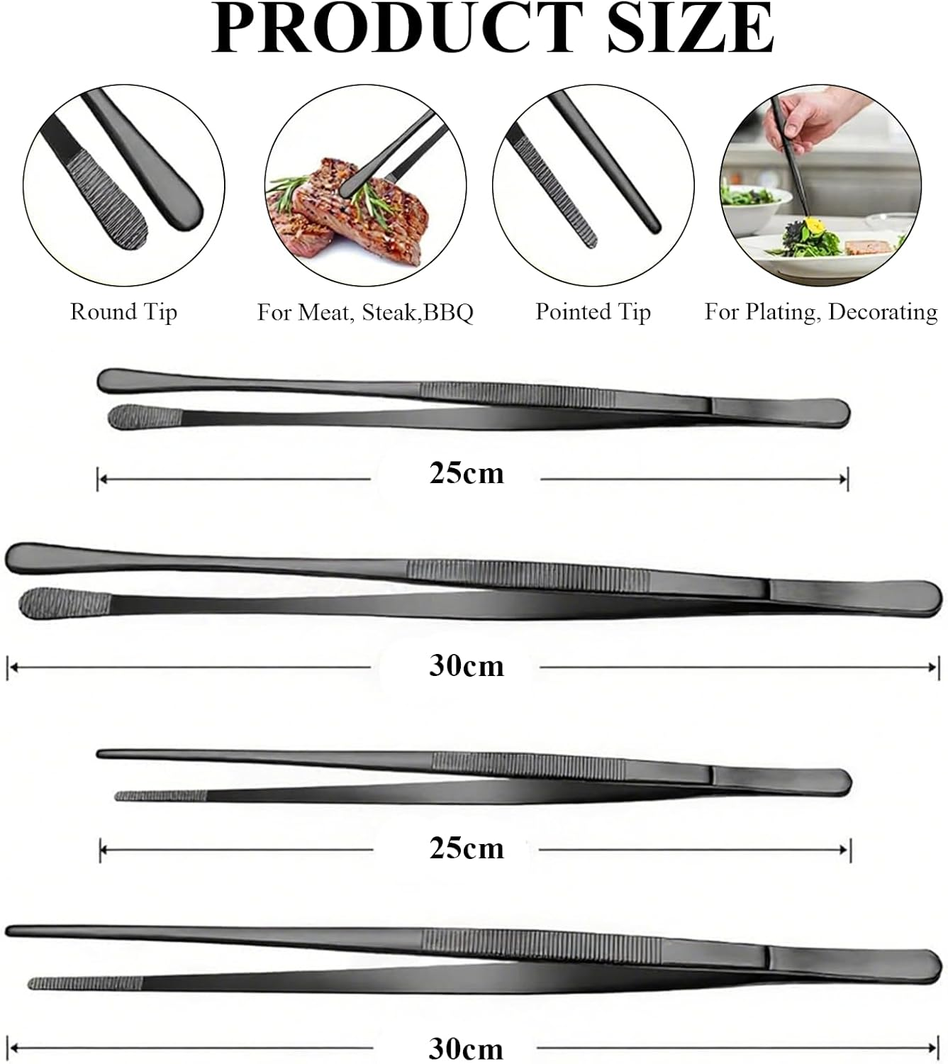Rhoyee 4 PCS Black Stainless Steel Kitchen Tweezers Tongs Set &ndash; 10"& 12" Precision Cooking Tweezers with Serrated & Rounded Tips&ndash;Long Tweezer Tongs for BBQ, Food Plating, Seafood, Bartending & Repairs image number 4