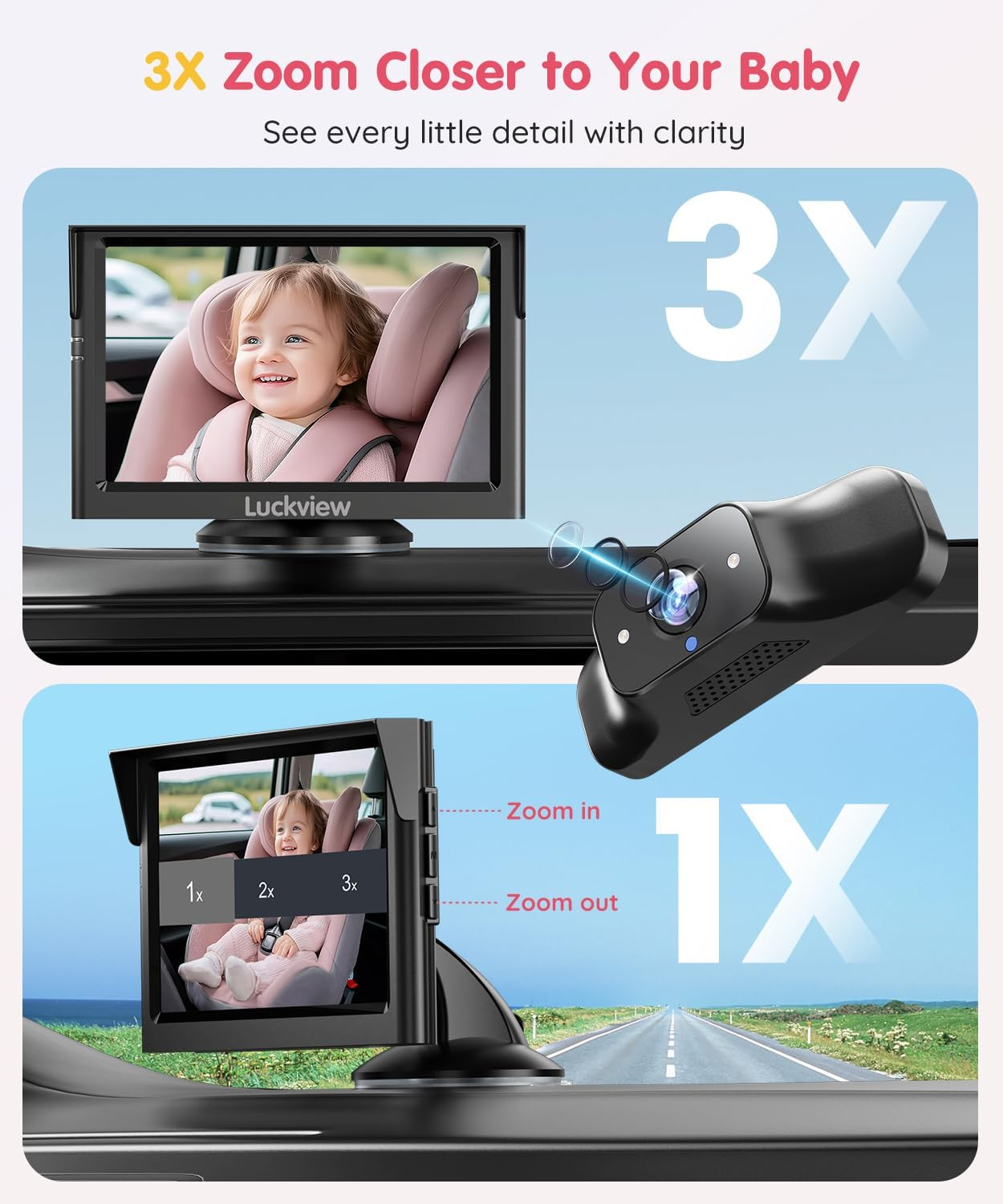 5'' 1080P Baby Car Mirror, Baby Car Camera IR Night Vision, 3X Zoom in Closer, Colors Accuracy & Full Viewing Angles, Driving Safety Baby Car Monitor for Back Seat Rear Facing BM1 BM1-US image number 6