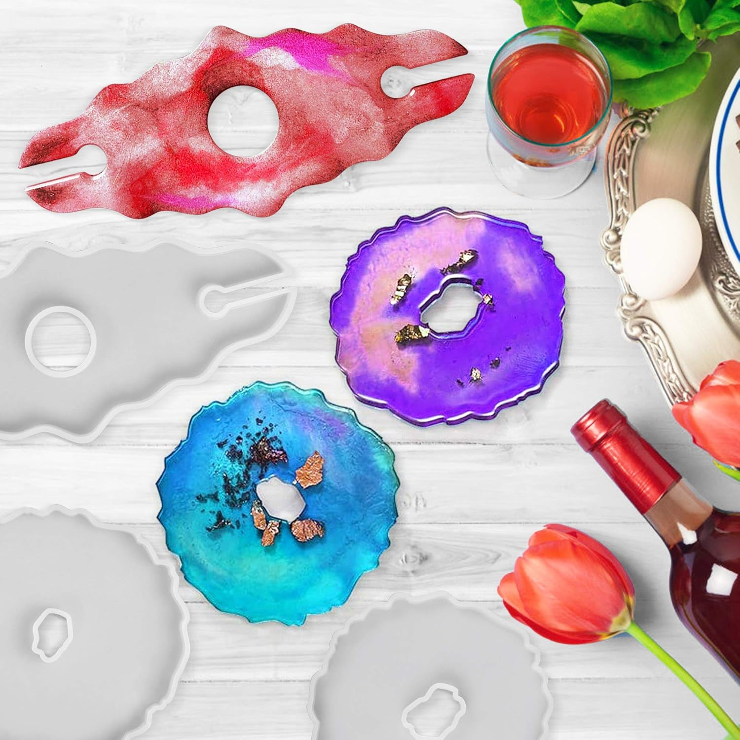 Lotfancy Coaster Molds for Resin Casting, 1 Wine Rack Mold, 2 Geode Coaster Molds, with Gold Foil and Stirrers - DIY Silicone Epoxy Resin Molds for Glasses Holder, Faux Agate Slices, Home D&eacute;cor image number 3