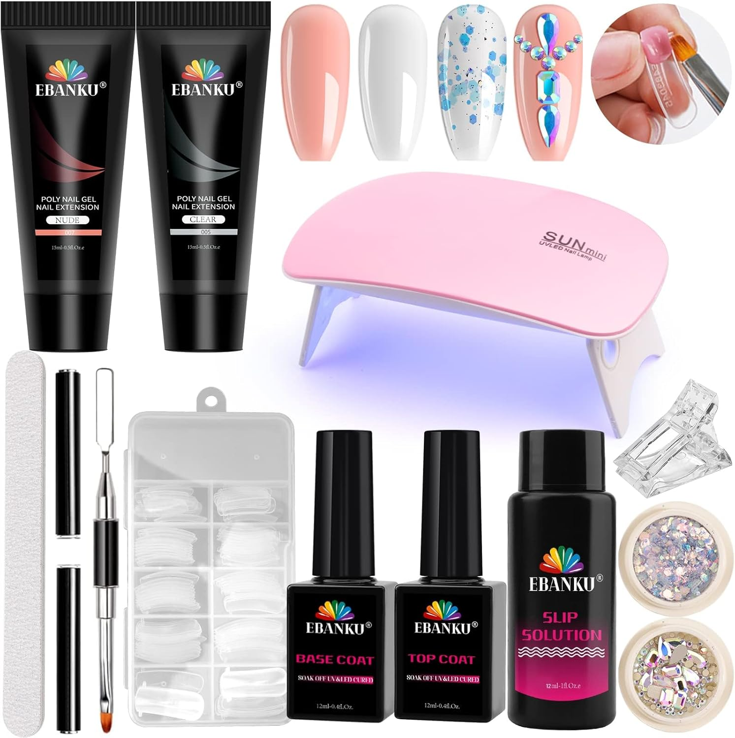 EBANKU 6 Color Poly Nails Extension Cat Eye Glitter Poly Gel Nail Kit - Purple, Silver, DIY Salon at Home