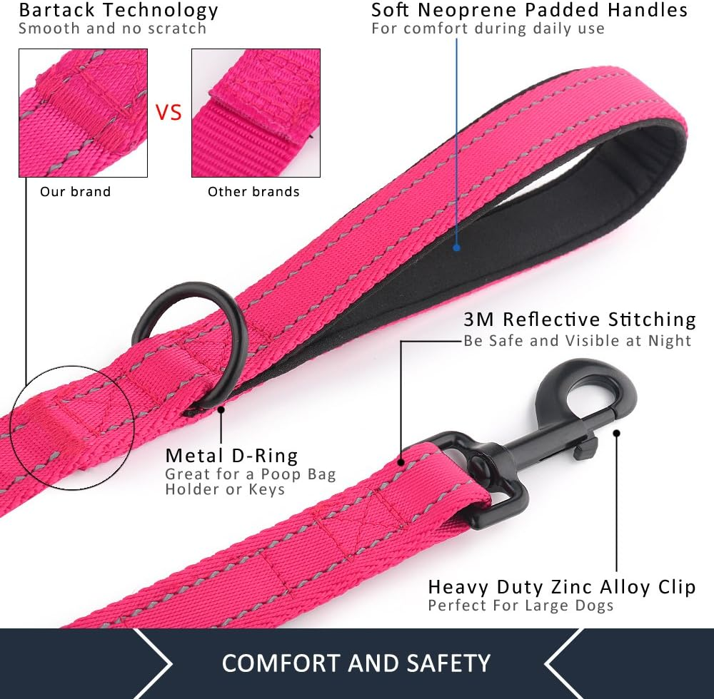 Pioneer Petcore Dog Leash 6Ft Long,Traffic Padded Two Handle,Heavy Duty,Reflective Double Handles Lead for Control Safety Training,Leashes for Large Dogs or Medium Dogs,Dual Handles Leads(Pink)