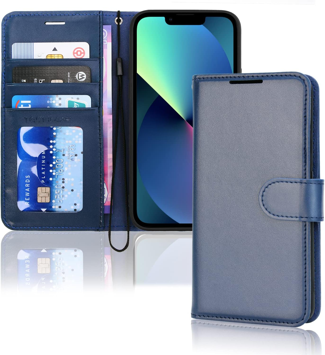 TECHGEAR Iphone 13 Mini Leather Wallet Case, Flip Protective Case Cover with Wallet Card Holder, Stand and Wrist Strap - Blue PU Leather with Magnetic Closure Designed for Iphone 13 Mini 5.4"