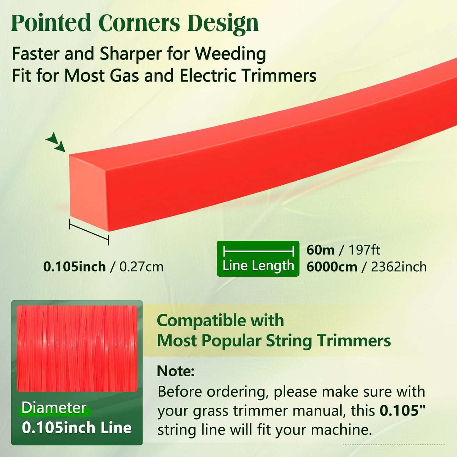 UCINNOVATE 0.105 Inch Square Weed Wacker String Heavy Duty, 1LB Flexible Nylon Trimmer Line 197Ft, Sharp Whipper Snipper Cord for Line Trimmers, Weed Wackers, Brush Cutter (2.7Mm&times;60M) image number 2