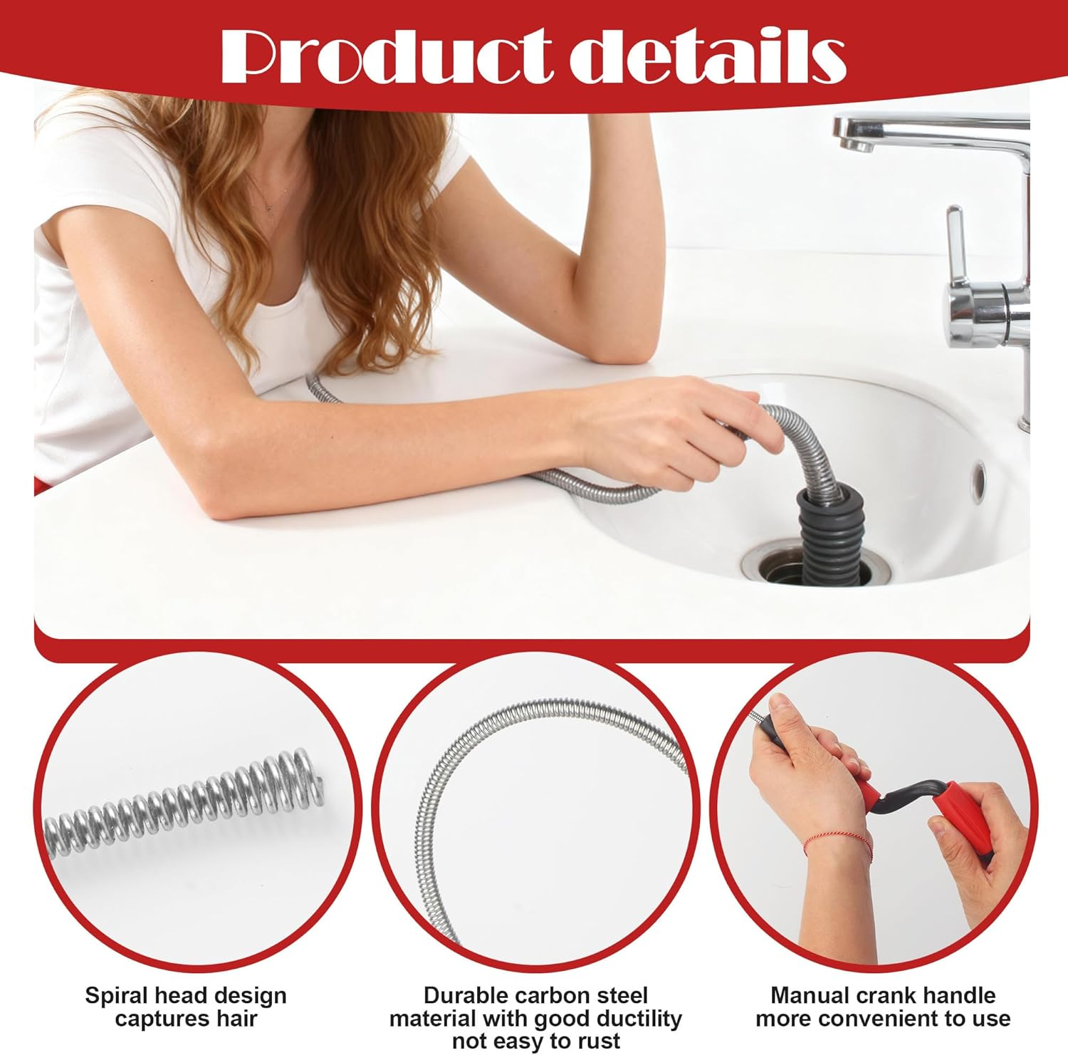 Pipe Cleaning Spiral 5 M X 6 Mm Drain Cleaner Spiral, Flexible Drain Spiral Pipe Cleaner for Kitchen, Bathroom, Shower, Sink, Stubborn Blockages Removal image number 1