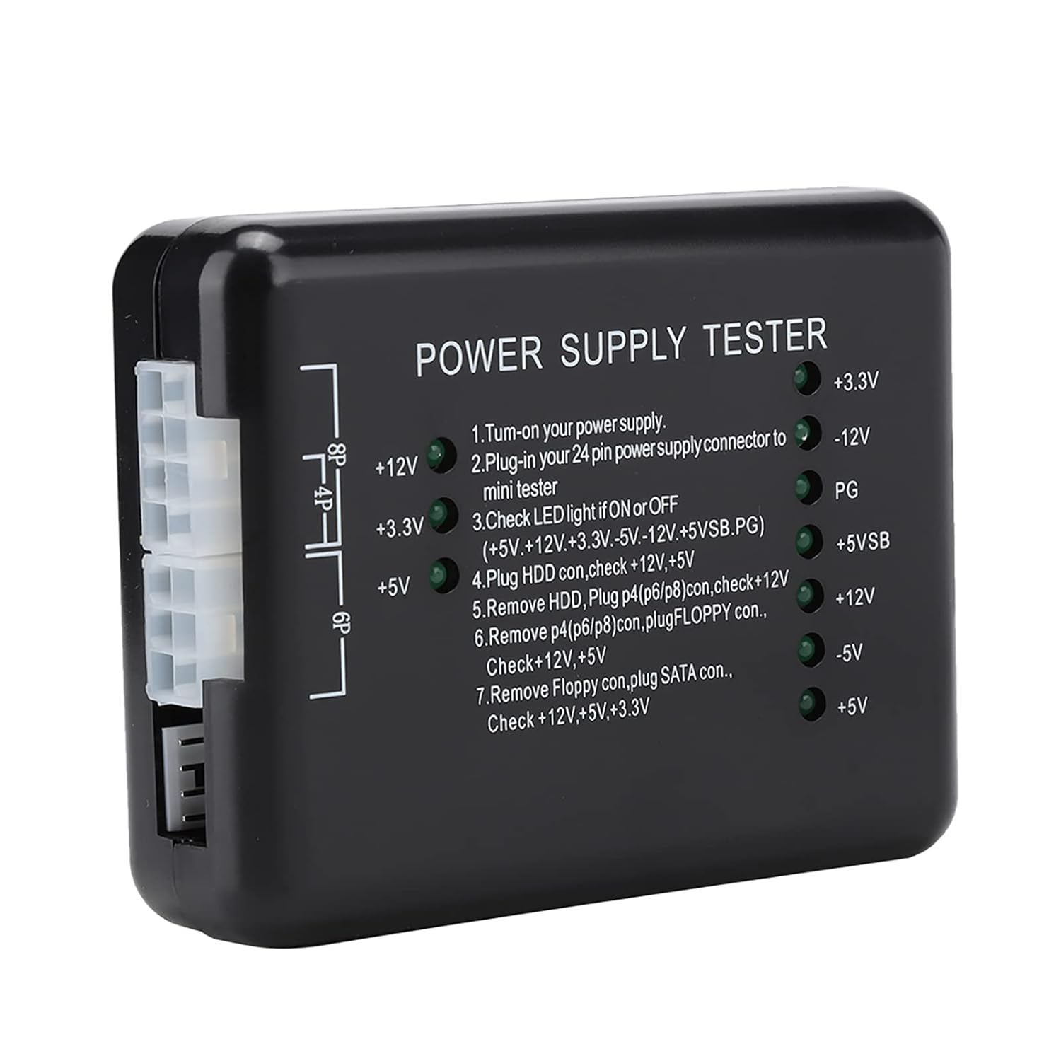 PC Power Supply Tester, 20/24Pin Computer Testing Device with Indicator Light, PSU/ATX/SATA/HDD Power Tester (Black) image number 1