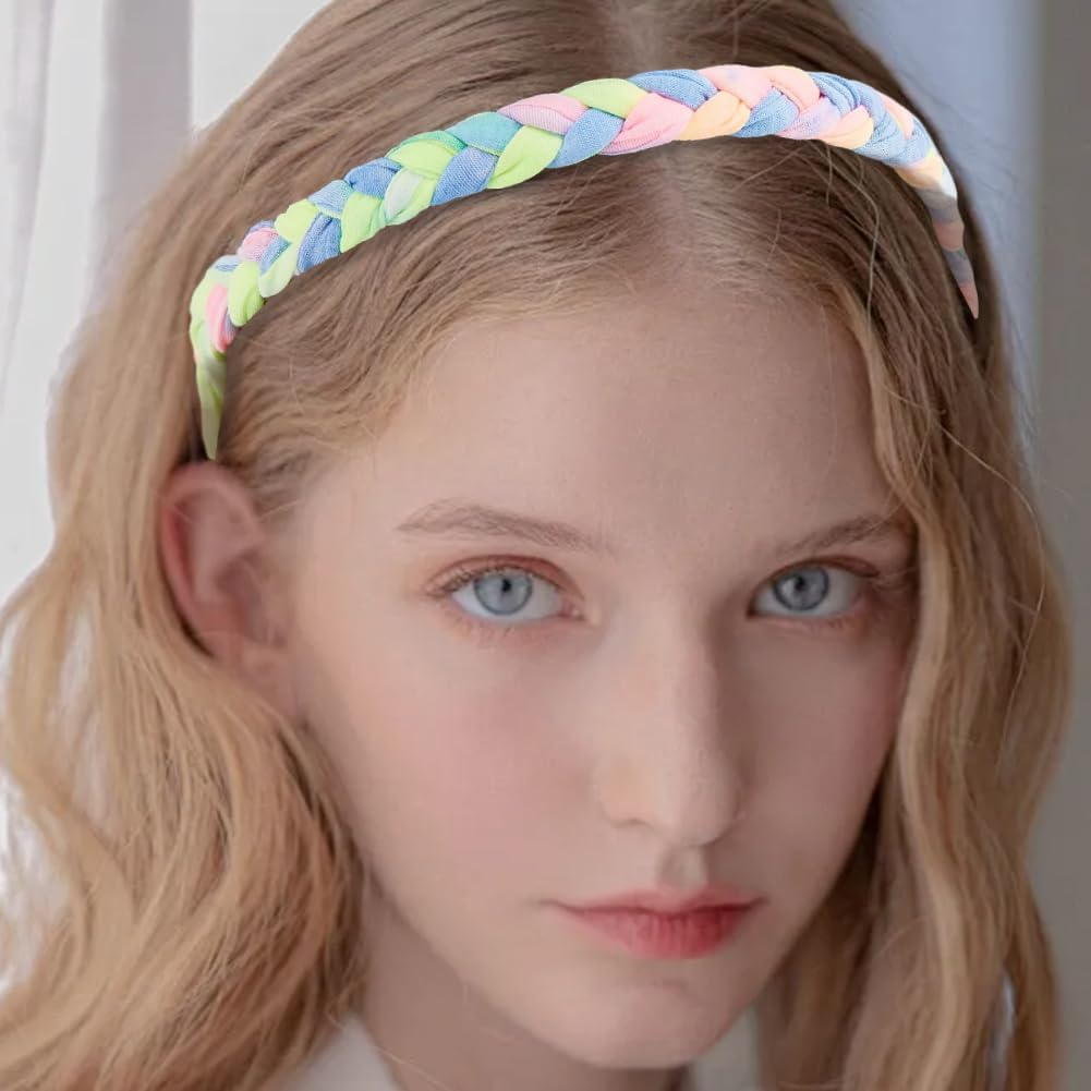 SOFPLATE 4Pcs 4 Colors Elastic Woven Headbands Thin Colored Fabric Headbands Adjustable Rainbow Polyester Stretch Spandex Cloth Tie Dye Hairbands Accessories for Short Long Hairstyle DIY Decoration image number 1