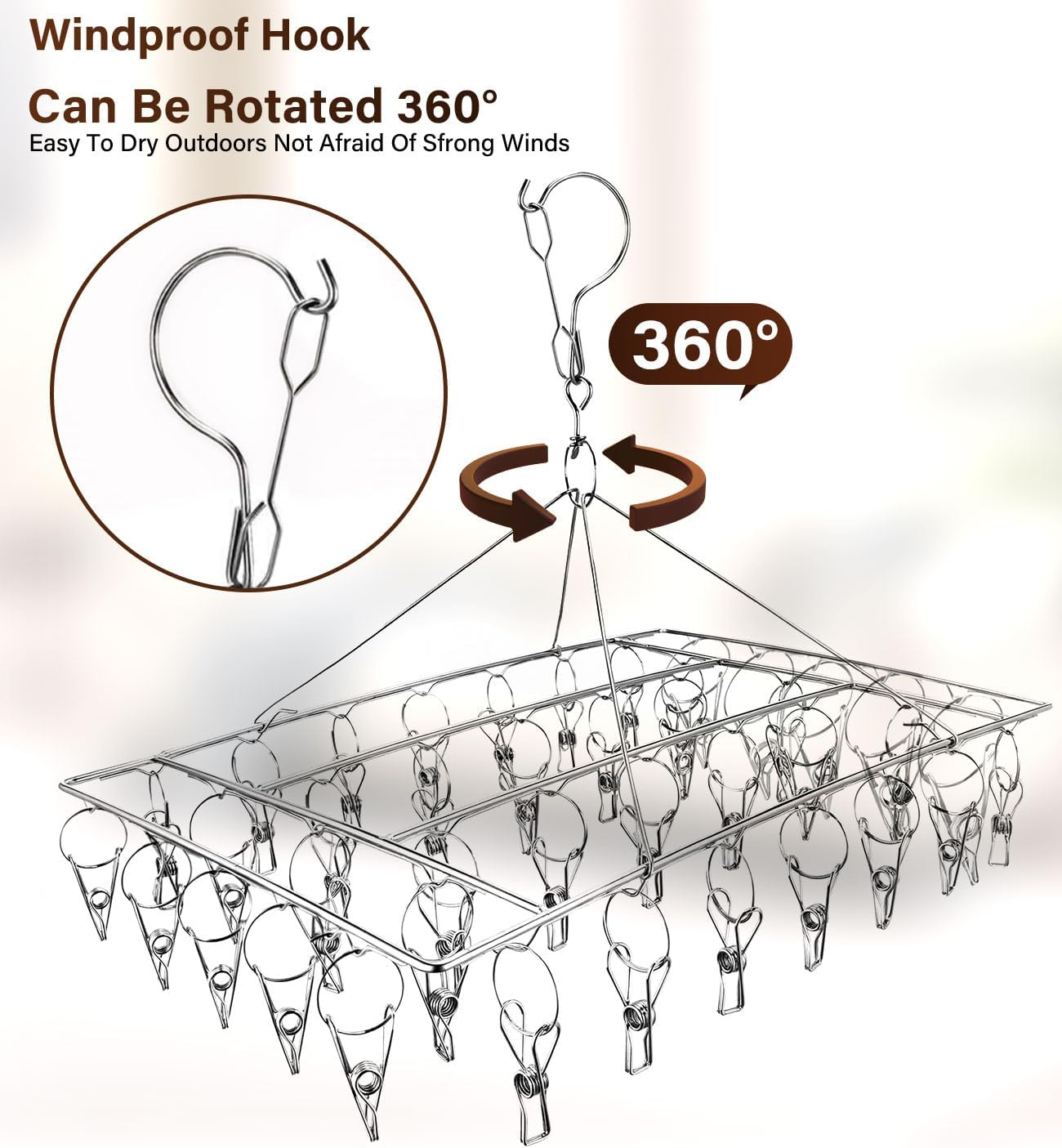 Stainless Steel Clothes Drying Rack - 40 Pegs Folding Sock Dryer with Clips Windproof Hook for Sock, Drying Bras, Lingerie, Clothes, Towels, Scarves, Underwear Hanger for Washing Line Accessories image number 2