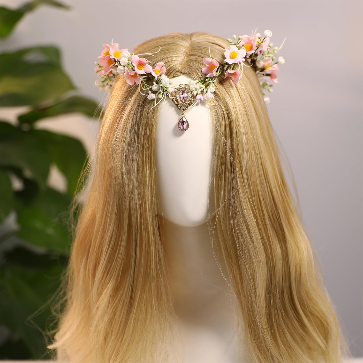 MOSTORY Woodland Fairy Crown for Renfaire Women Cosplay, Pink Forest Flower Elven Cirlet for Halloween Party image number 5