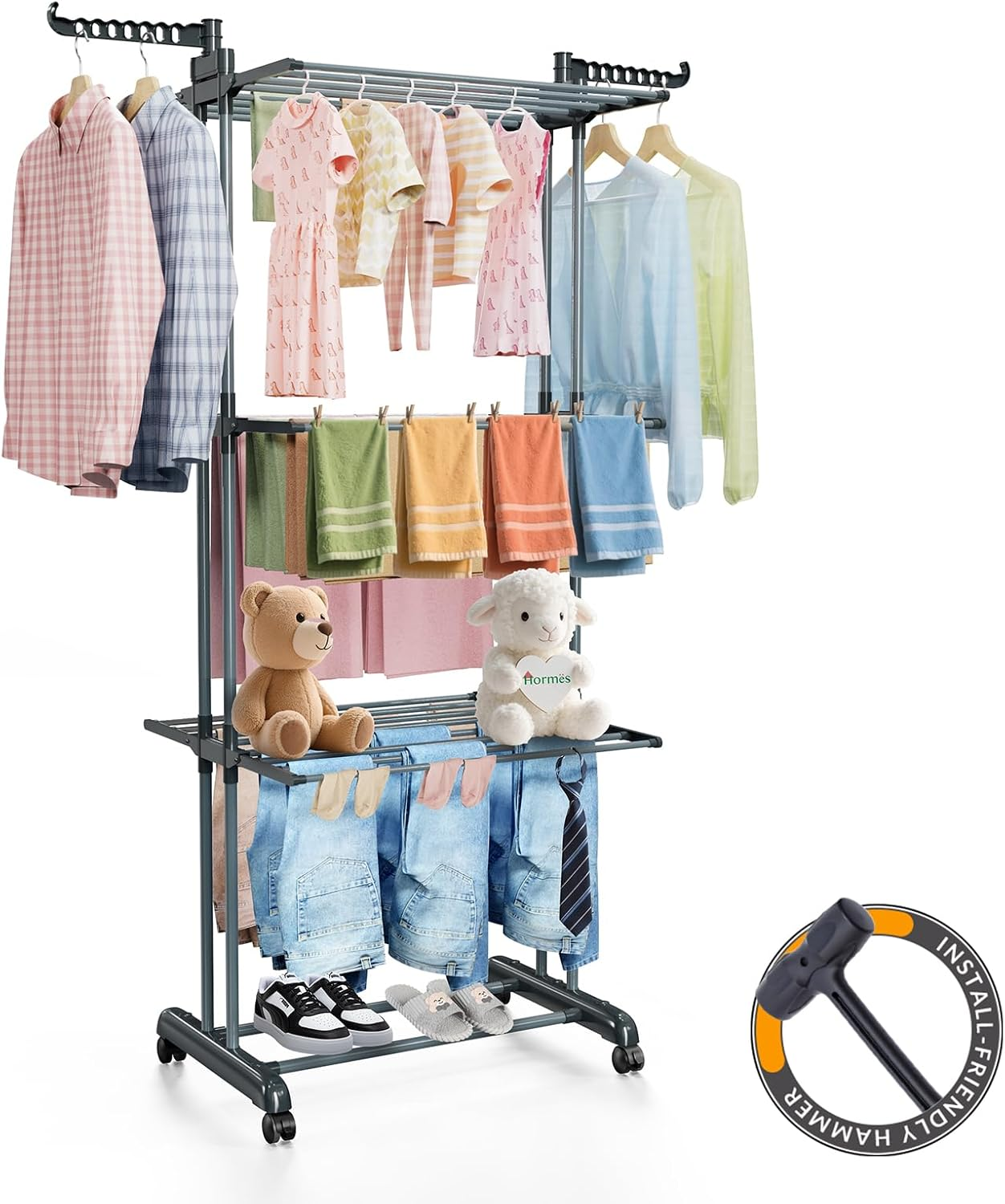 Hormes Clothes Drying Rack, Foldable 4 Tier Clothes Airer, Stainless Steel Clothes Horse with Two Side Foldable Wings, Laundry Drying Rack for Indoor & Outdoor Use, with Install-Friendly Hammer, Grey image number 1