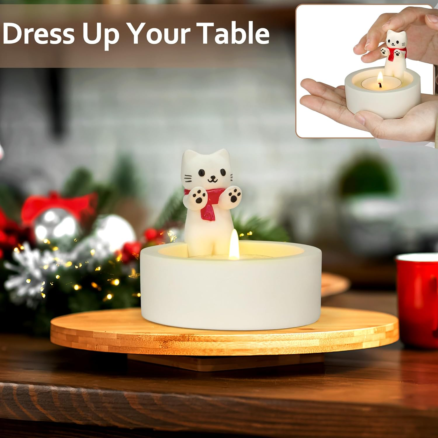 Cat Candle Holder Cute Kitty Cartoon Kitten Candle Holder Warming Paws Plaster Handmade Tea Light Candle Sticks Holder Home Decor Gifts for Cat Lovers with Keychain for Free. - Classical image number 5
