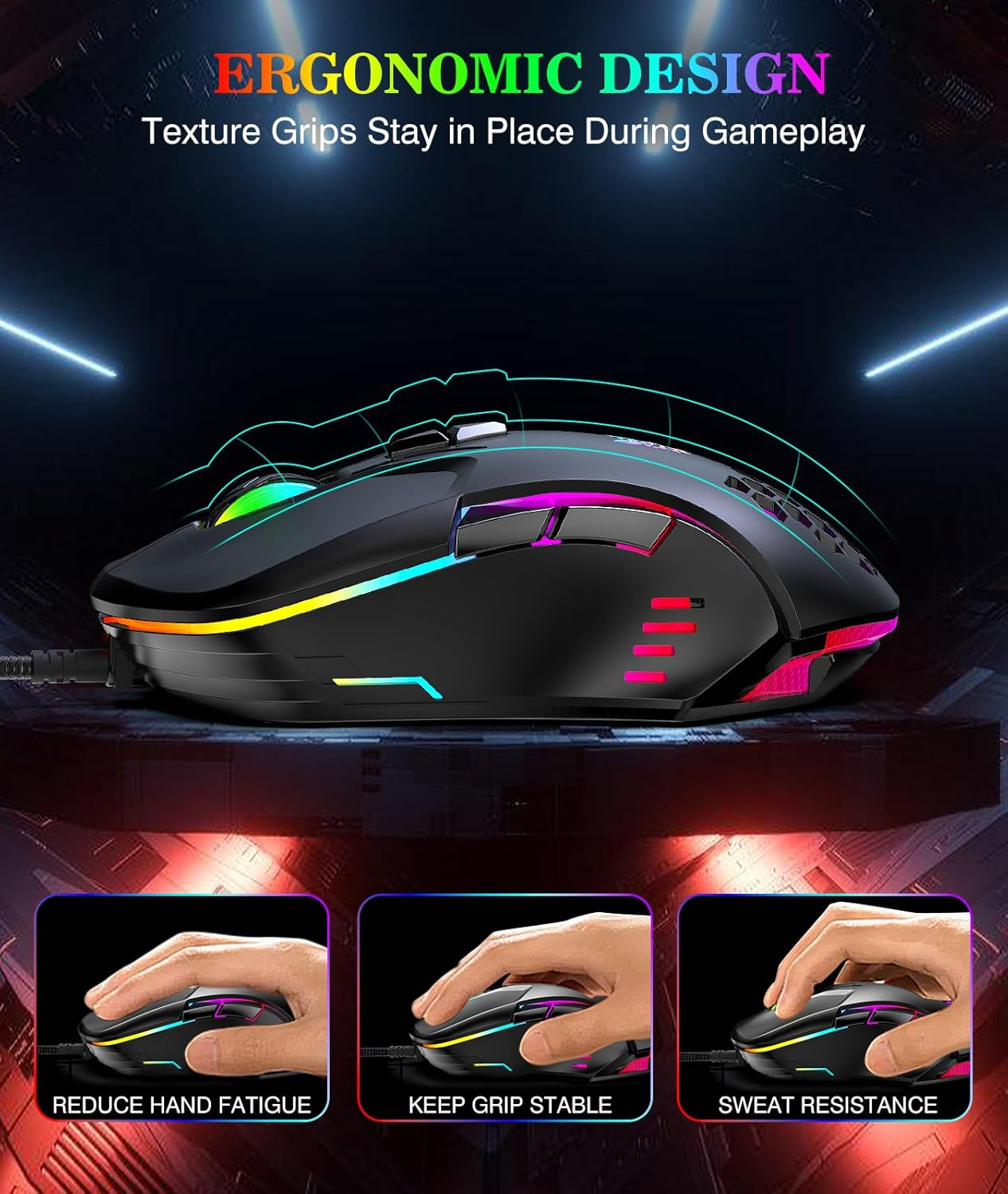 Gaming Mouse, Wired PC Entry Level Mouse with RGB Backlit and Adjustable DPI, Ergonomic Office Laptop Mouse, Computer Gamer Mouse with 7 Responsive Buttons for Windows/Mac/Linux/Chrome image number 2