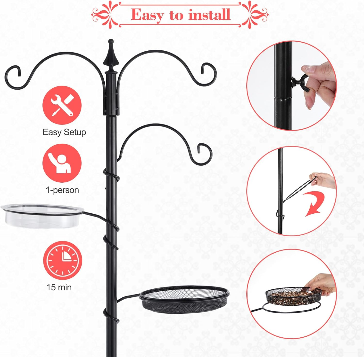 Bird Feeding Station Kit - 77" Bird Feeder Pole with 5 Prong Base, Wild Bird Feeder Stand for Outdoors Hanging Bird Feeders - Black image number 2