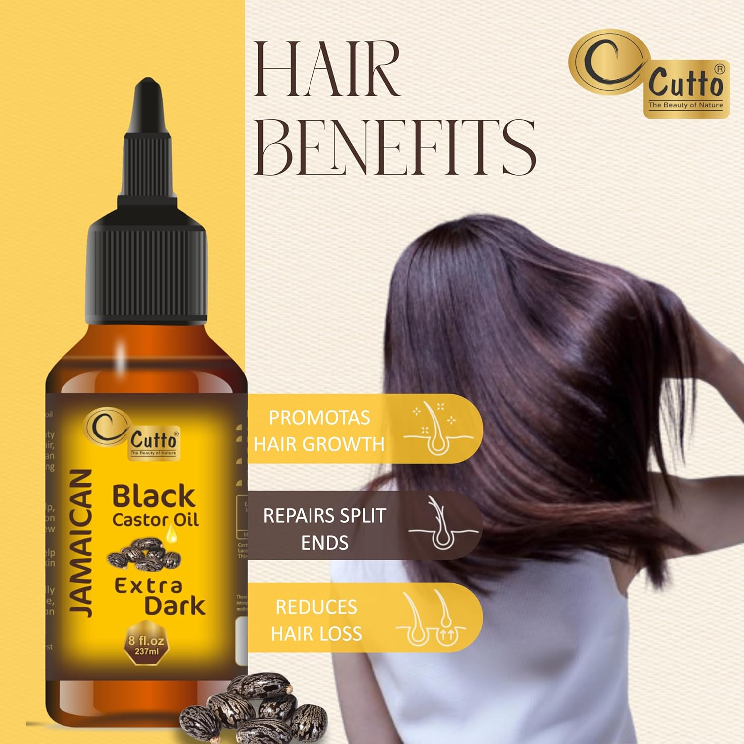 CUTTO -THE BEAUTY of NATURE Organic Extra Dark Jamaican Black Castor Oil (237Ml), with Traditional & Typical Handmade Roasted Castor Beans I Good for Hair and Skin Health image number 5