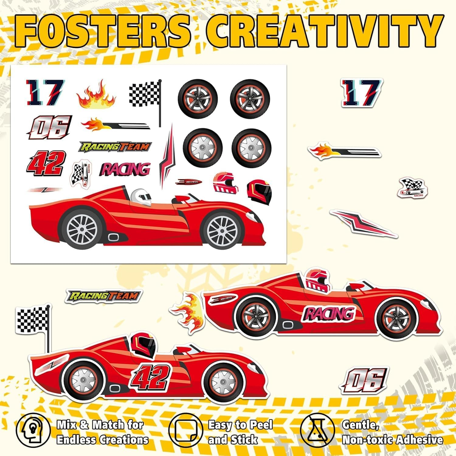 PQCLXUYA 24 Sheets Make Your Own Car Stickers, Creative Race Car Game Stickers for Kids,8 Styles Cartoon Racing Car for Race Car Birthday Party Supplies Favors Toys Rewards Art Craft Activities image number 5