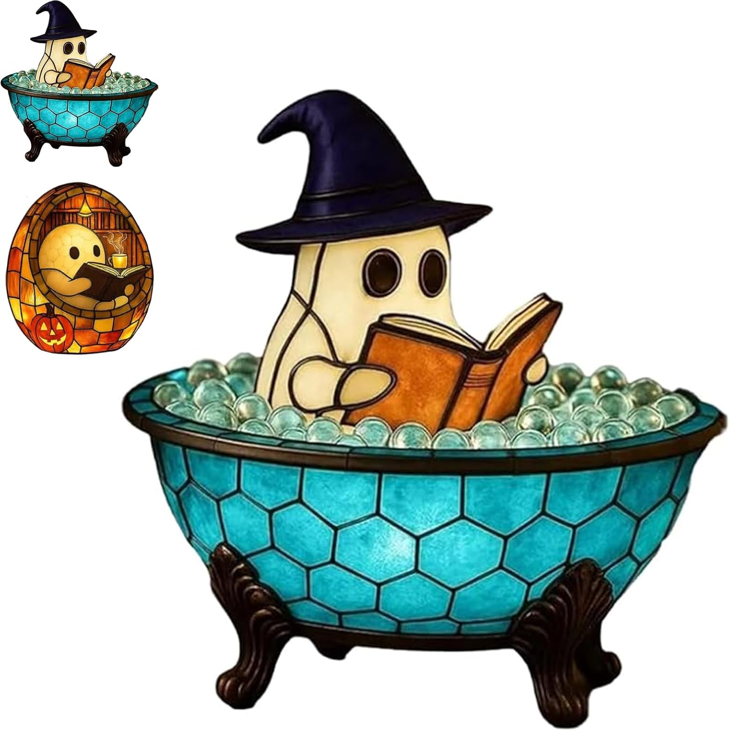 Ghost Reading Book Lamp, Handmade Ghost Bubble Bath Lamp, Halloween Night Light, Ghosts Campfire Nightlight, Ghosts-Themed Bathtub Accent Lamps for Halloween Party (A)