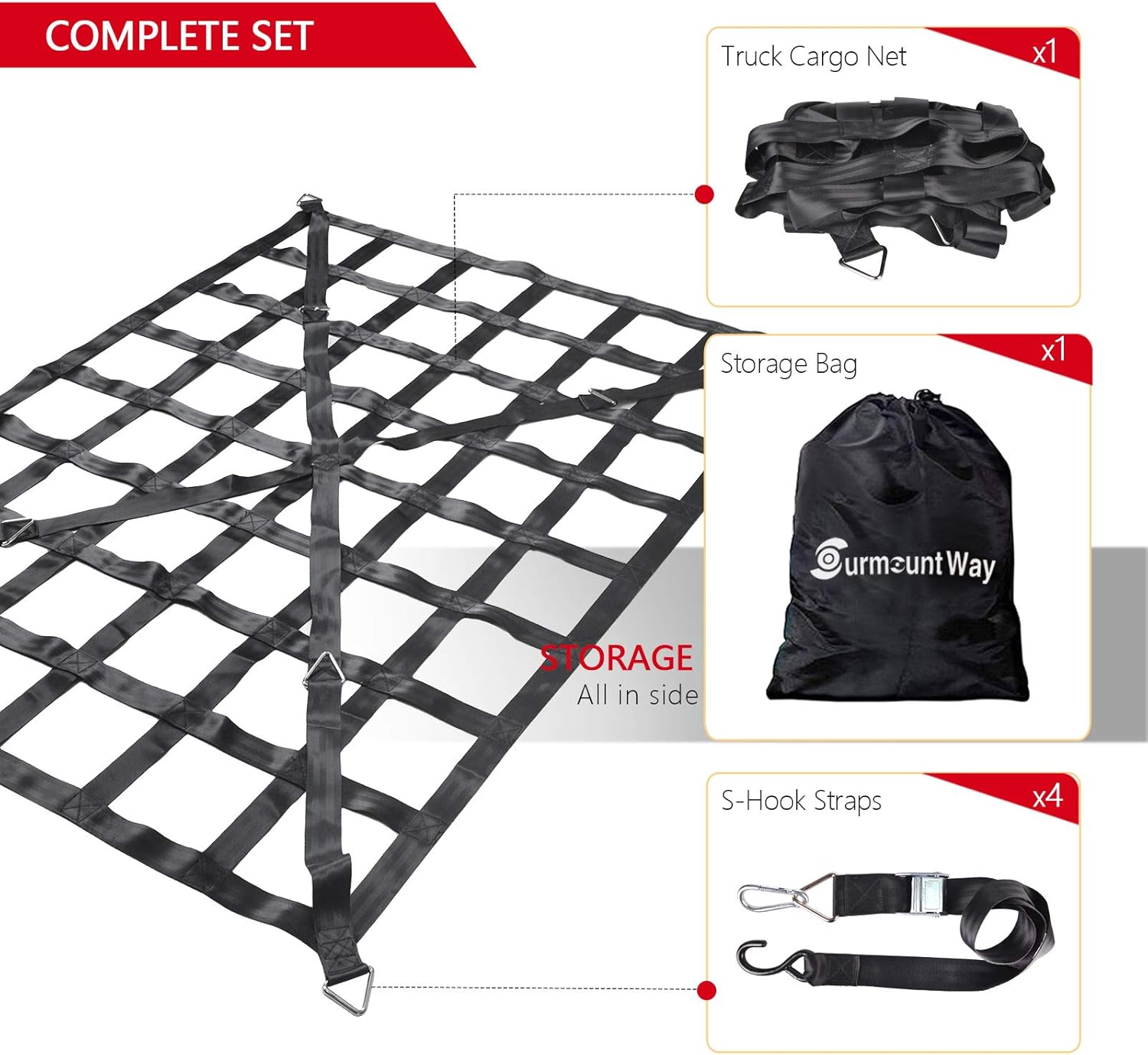 Surmountway Cargo Net for Pickup Truck Bed (66" X 50") - Heavy Duty with 1100LBS Capacity, Cam Buckles & S-Hooks - for Trailer Trucks with Cross Strap image number 1
