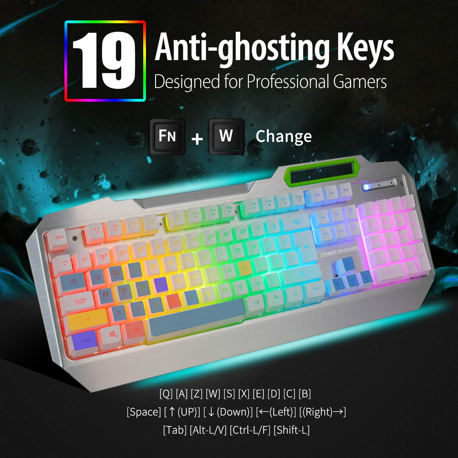 Lumsburry RGB LED Backlit Gaming Keyboard with Anti-Ghosting, Light up Keys Multimedia Control, USB Wired 104 Keys Metal Keyboard for PC Games Office (Silver&White) - Cool Black image number 6