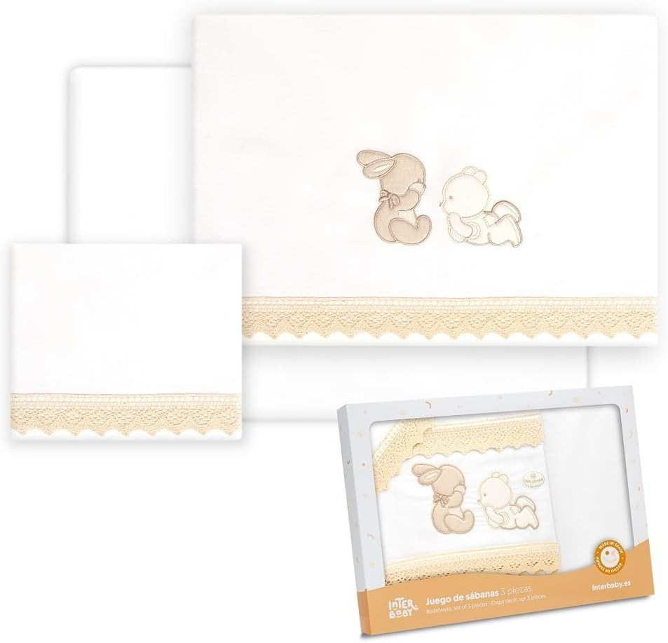 Interbaby Cotton Baby Bedding - Car/Moses/Carrycot - Bear Rabbit Lying down - 3 Piece Set - Fitted Sheet + Duvet Cover + Pillowcase