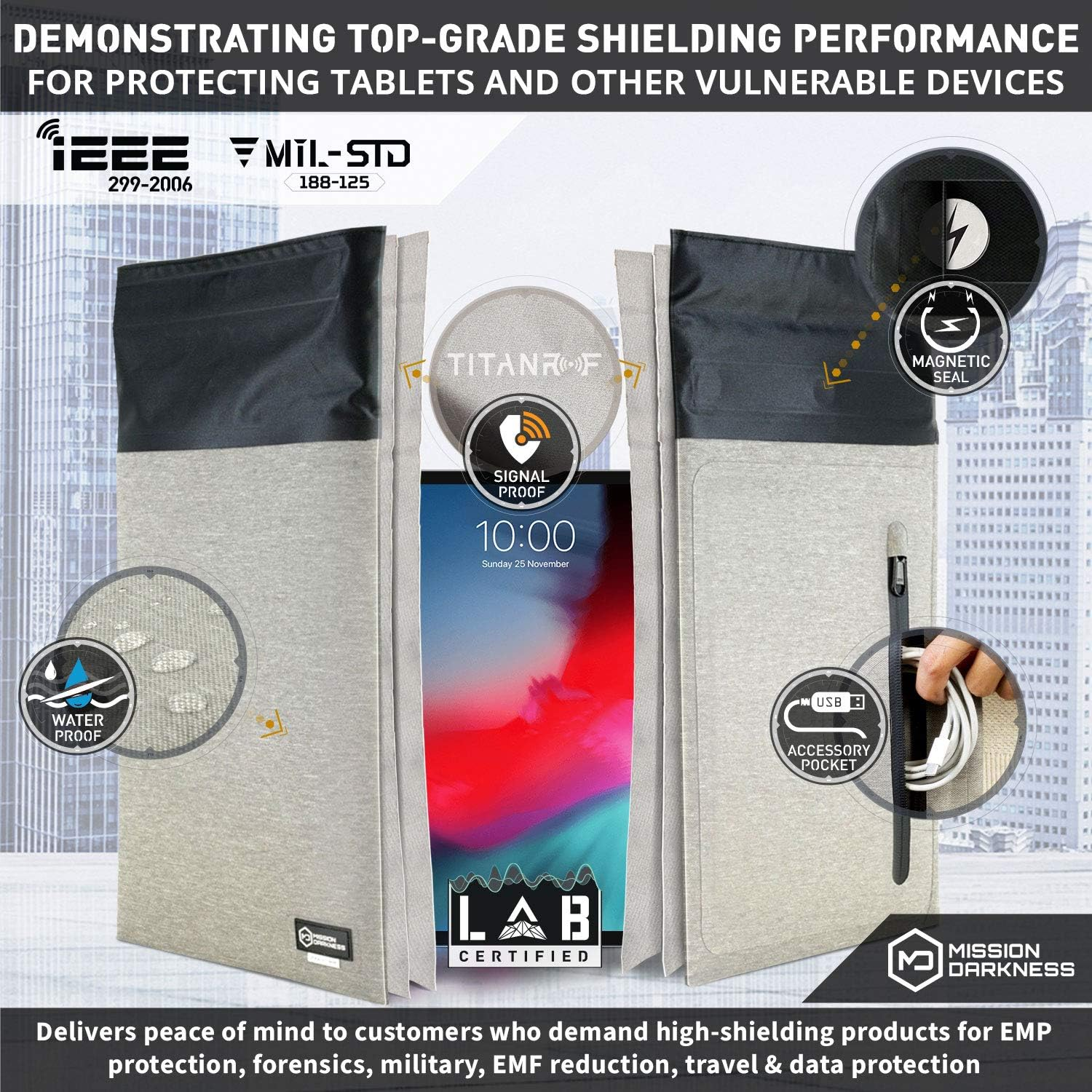Mission Darkness Dry Shield Faraday Tablet Sleeve // Slim Waterproof Dry Bag for Tablets + RF Shielding Liner // Signal Blocking, Anti-Tracking, EMP Shield, Data Privacy, Electronic Device Security image number 5