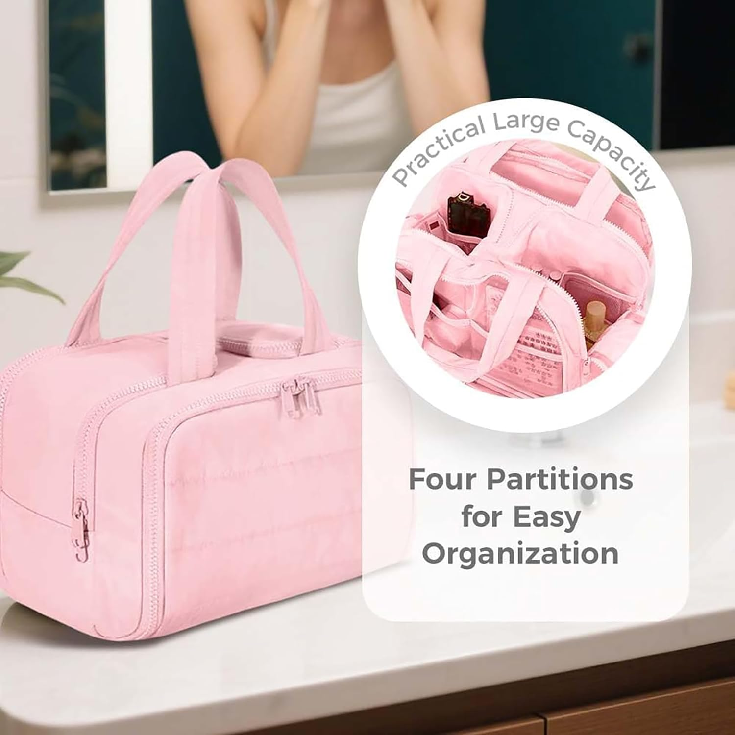 Travel Toiletry Bag, Pink Wide Opening Makeup Bag with Large Capacity, Compact Size 23X10X18Cm, Ideal for Women Travelling with Cosmetics and Toiletries image number 1