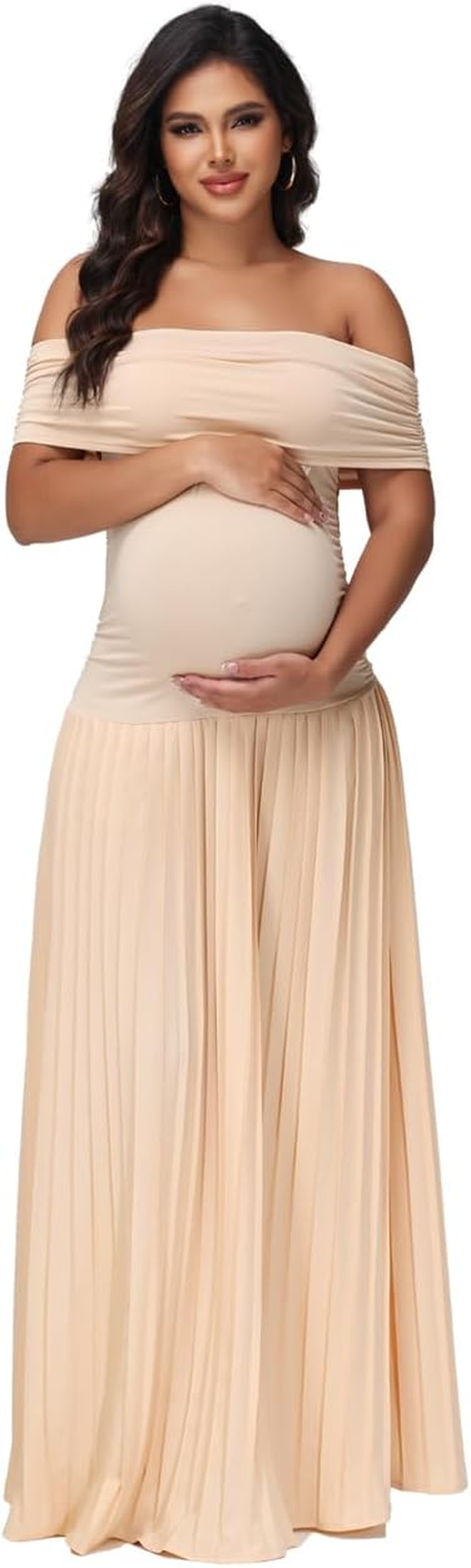 Justvh Women'S Maternity off Shoulder Baby Shower Dress Party Paneled Ruched Hem Maxi Photography Gown for Photoshoot