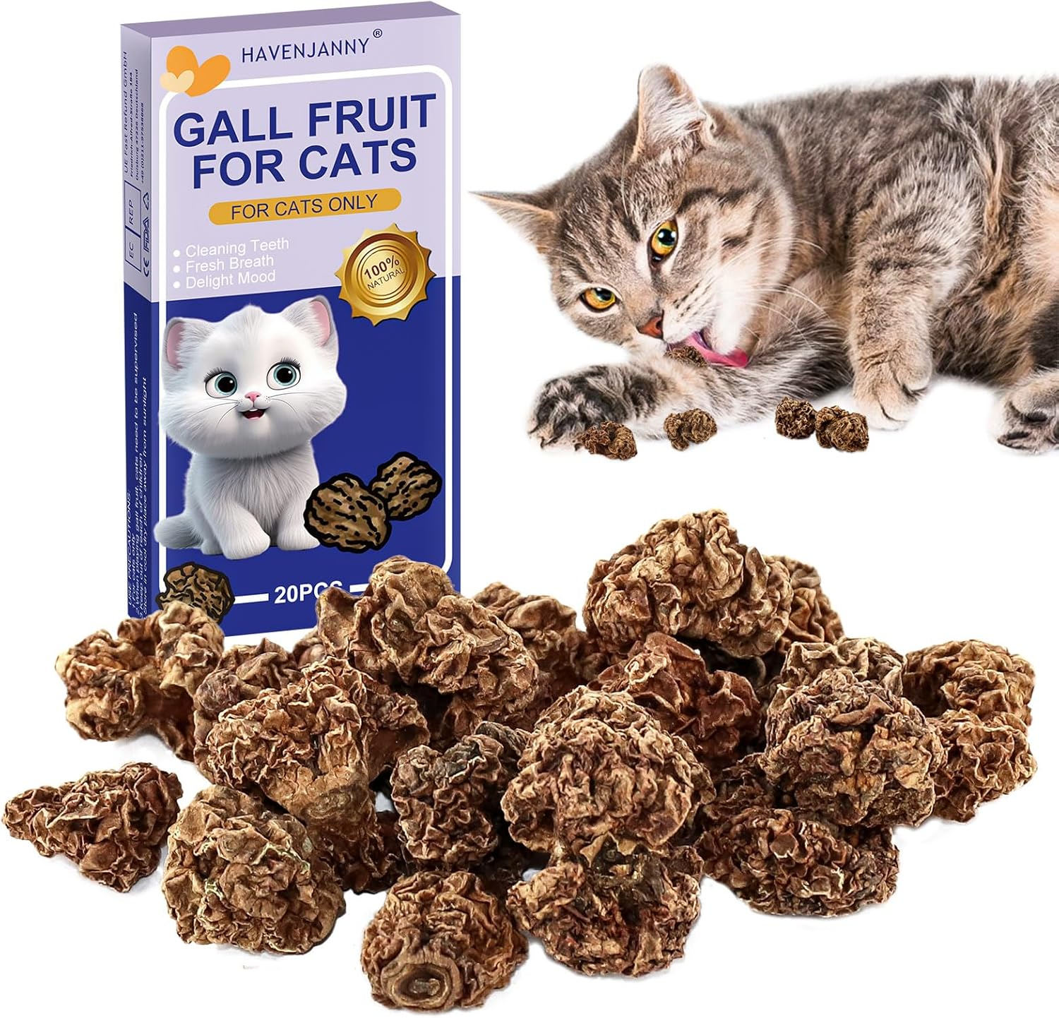 Havenjanny 20Pcs Dried Silvervine Gall Fruit, Natural Silver Vine Cat Chew Toy, Matatabi Cat Toy for Dental Cleaning Hard Chew Cheer Up